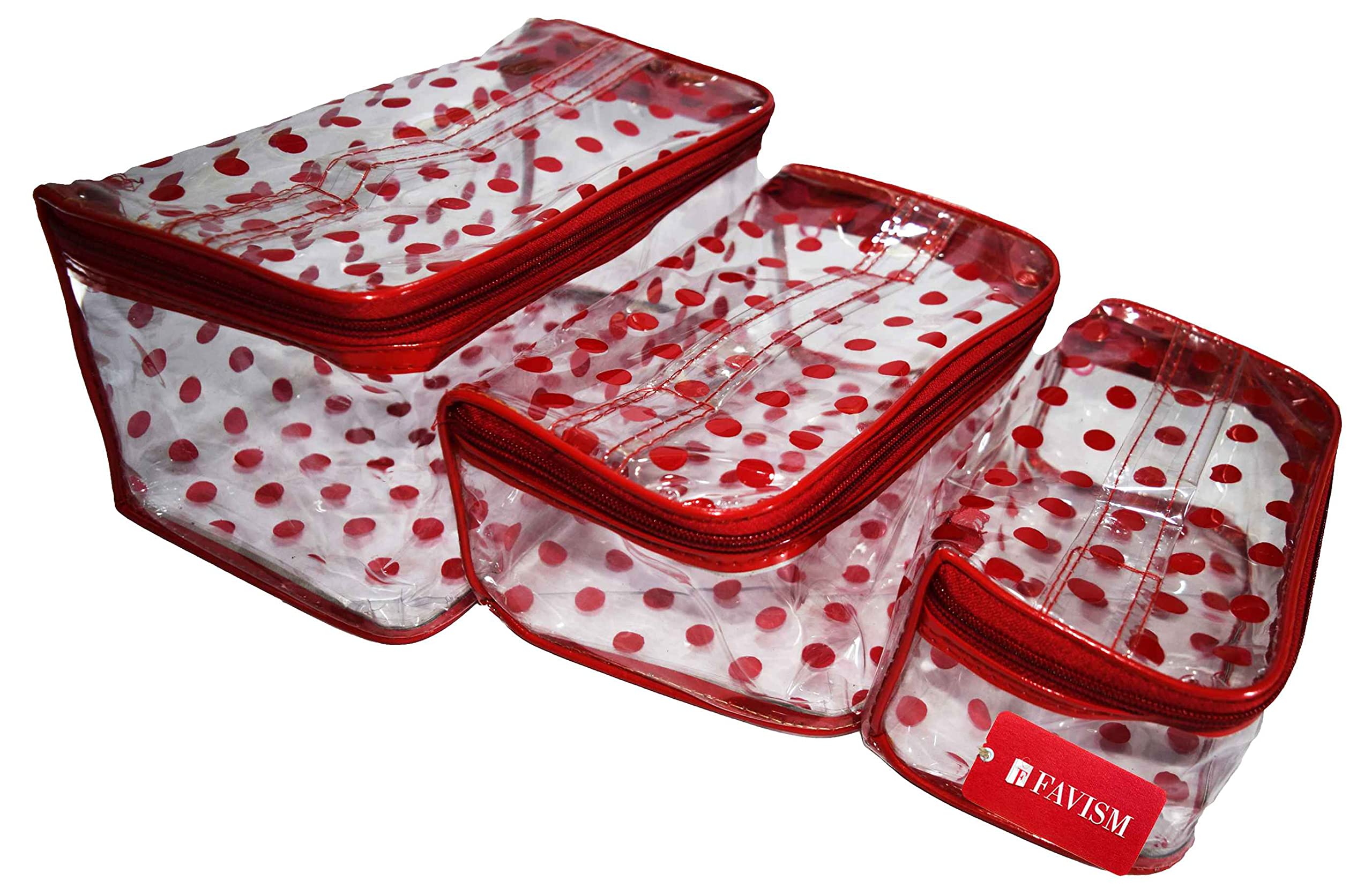 FAVISM Designer Multi-Purpose Jewelry & Makeup Pouch Set - 3 PCS Red Velvet Travel Organizer for Earrings, Rings, Cosmetics | Perfect for Gift, Travel, Daily Storage