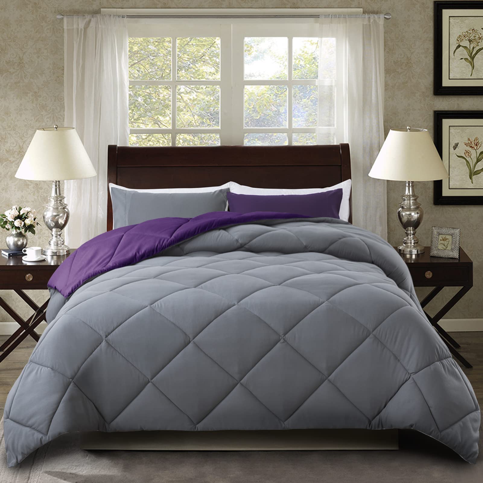 ELNIDO QUEEN® 2-Piece Twin/Twin XL Comforter Set - Reversible Purple & Grey Down Alternative Duvet Insert with Pillow Sham | Soft Lightweight Bedding for All Seasons | Perfect for Kids Rooms, Guest Beds & Dorm Decor (64x88 Inches)