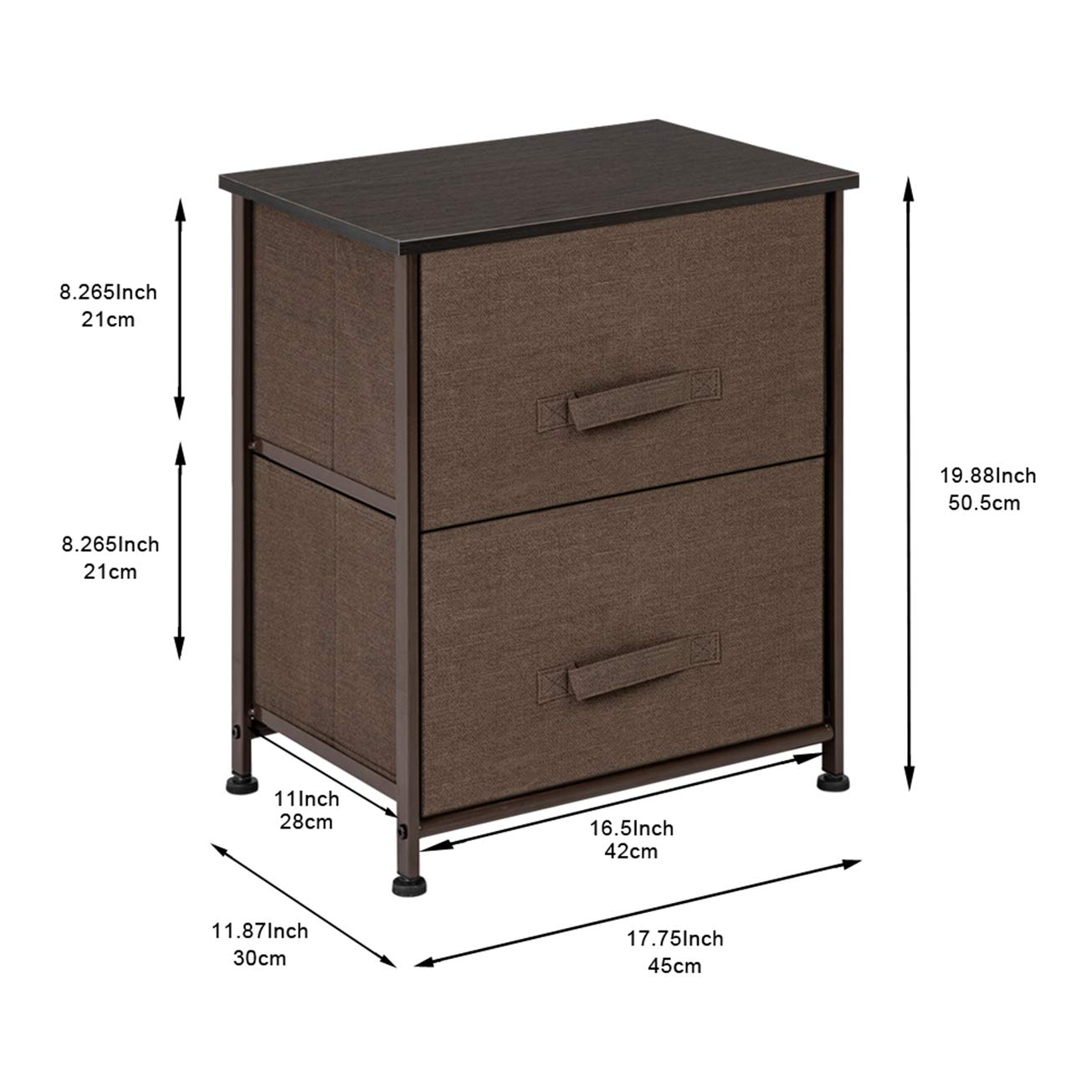 2-Drawer Nightstand with Storage Bins - Sturdy Steel Frame & Wood Top End Table - Easy Pull Fabric Drawers for Bedroom Organization - Brown Textured Print (Perfect for Small Spaces, Apartments & Dorm Rooms)