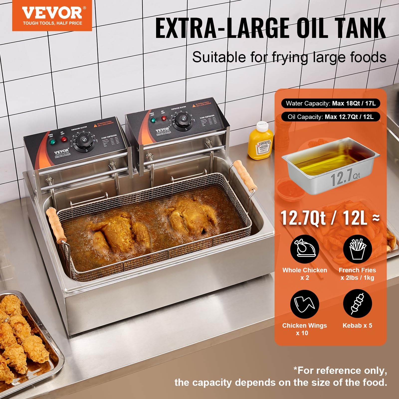 VEVOR 3000W Commercial Deep Fryer with 3 Removable Baskets, 18Qt Stainless Steel Electric Turkey Fryer for Restaurant & Home Kitchen - Perfect for Frying Chicken, Fish, French Fries & More