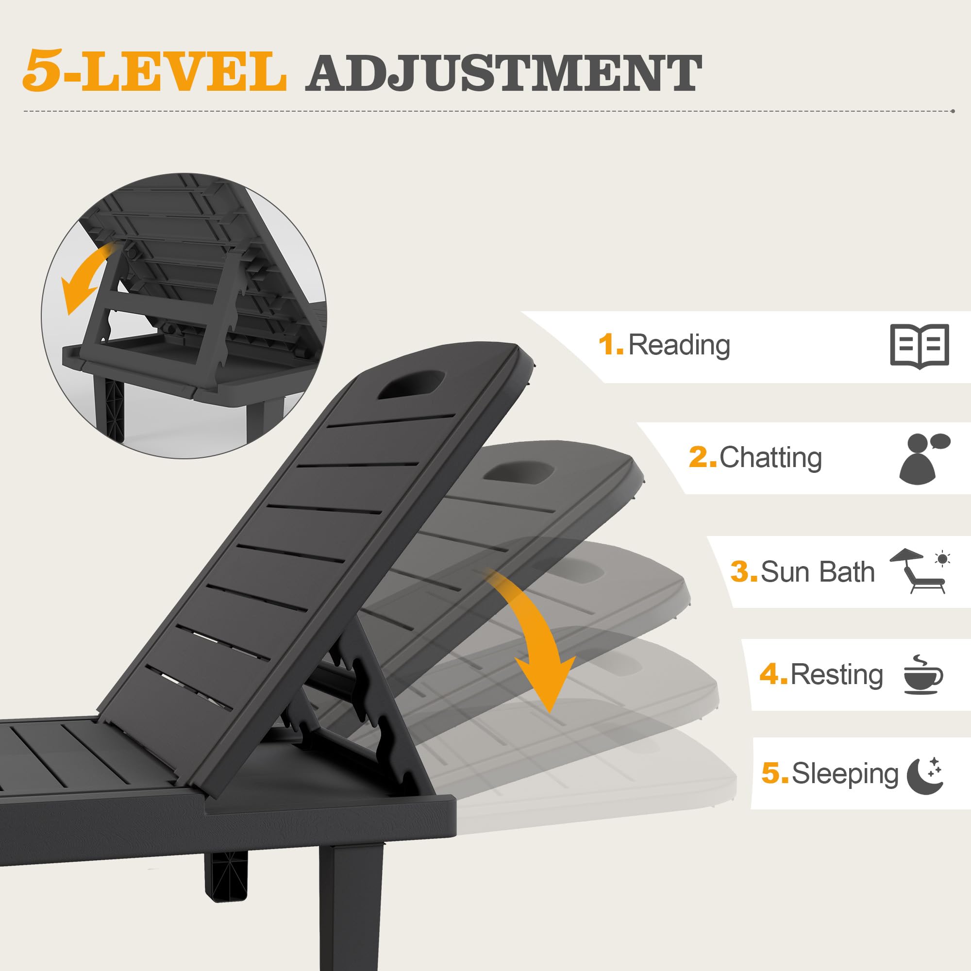 UDPATIO Oversized Waterproof Resin Pool Lounge Chairs Set of 2 - Adjustable Backrest Outdoor Chaise Lounge with Cup Holder Tray for Patio, Lawn, Beach, Backyard, Deck | Perfect for Sunbathing, Poolside Relaxation & Outdoor Lounging