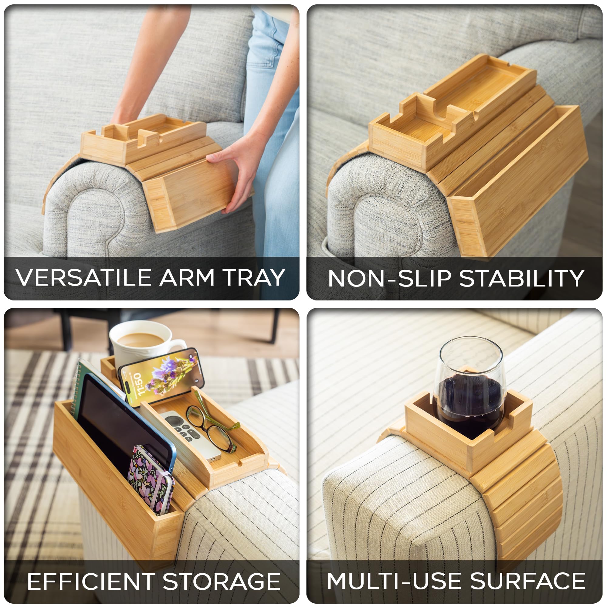Premium Bamboo Couch Cup Holder Tray Set - Large & Small Non-Slip Drink Holder Caddy with Side Pocket Storage - Universal Sofa Arm Tray for Couches, Recliners & Loveseats - Perfect for Movie Nights, Gaming Sessions & Relaxing with Drinks & Snacks