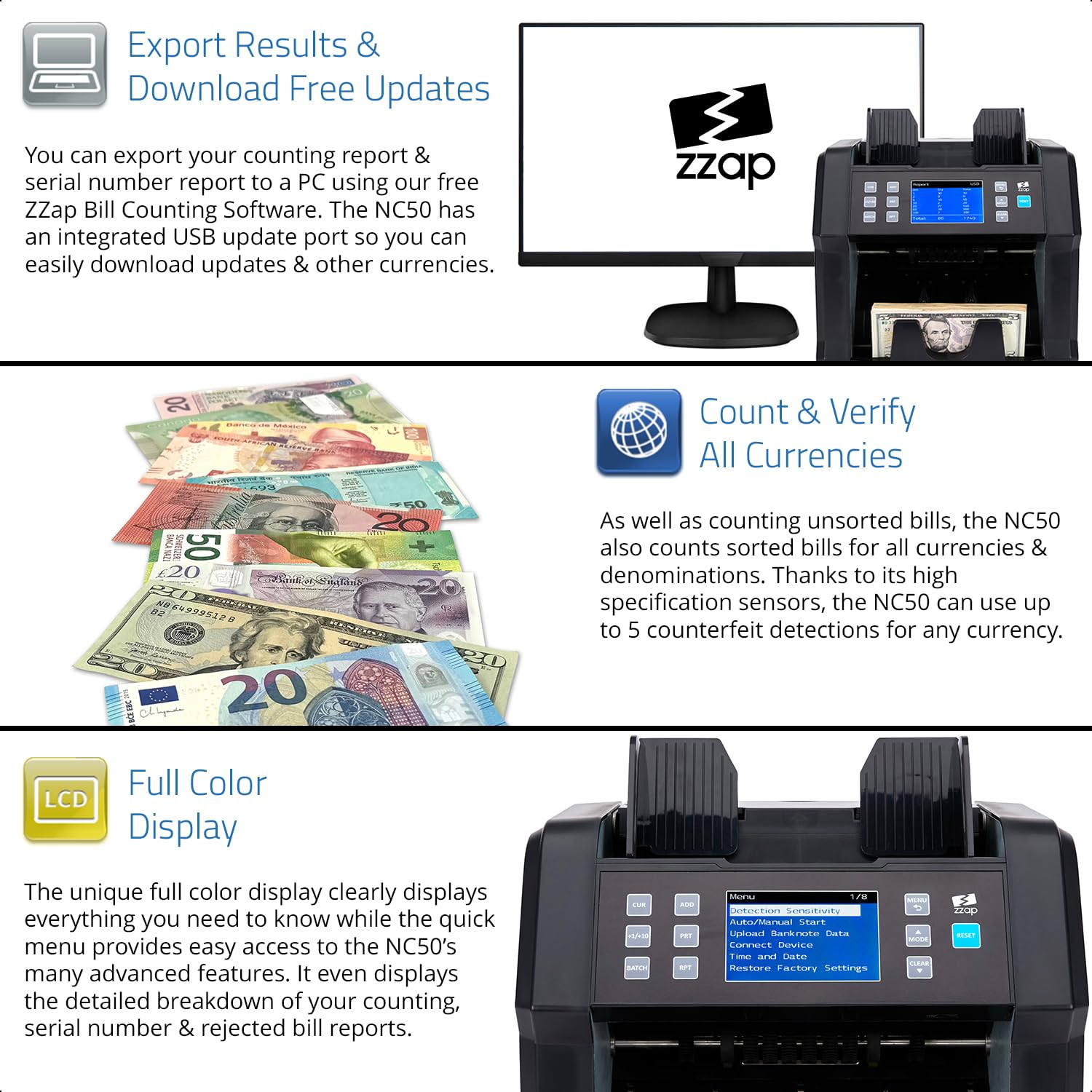 ZZap NC50 Bill Value Counter & Counterfeit Detector Machine - Fast & Accurate Currency Counting with UV/MG/IR Detection - Perfect for Banks, Retail Stores, and Cash-Intensive Businesses