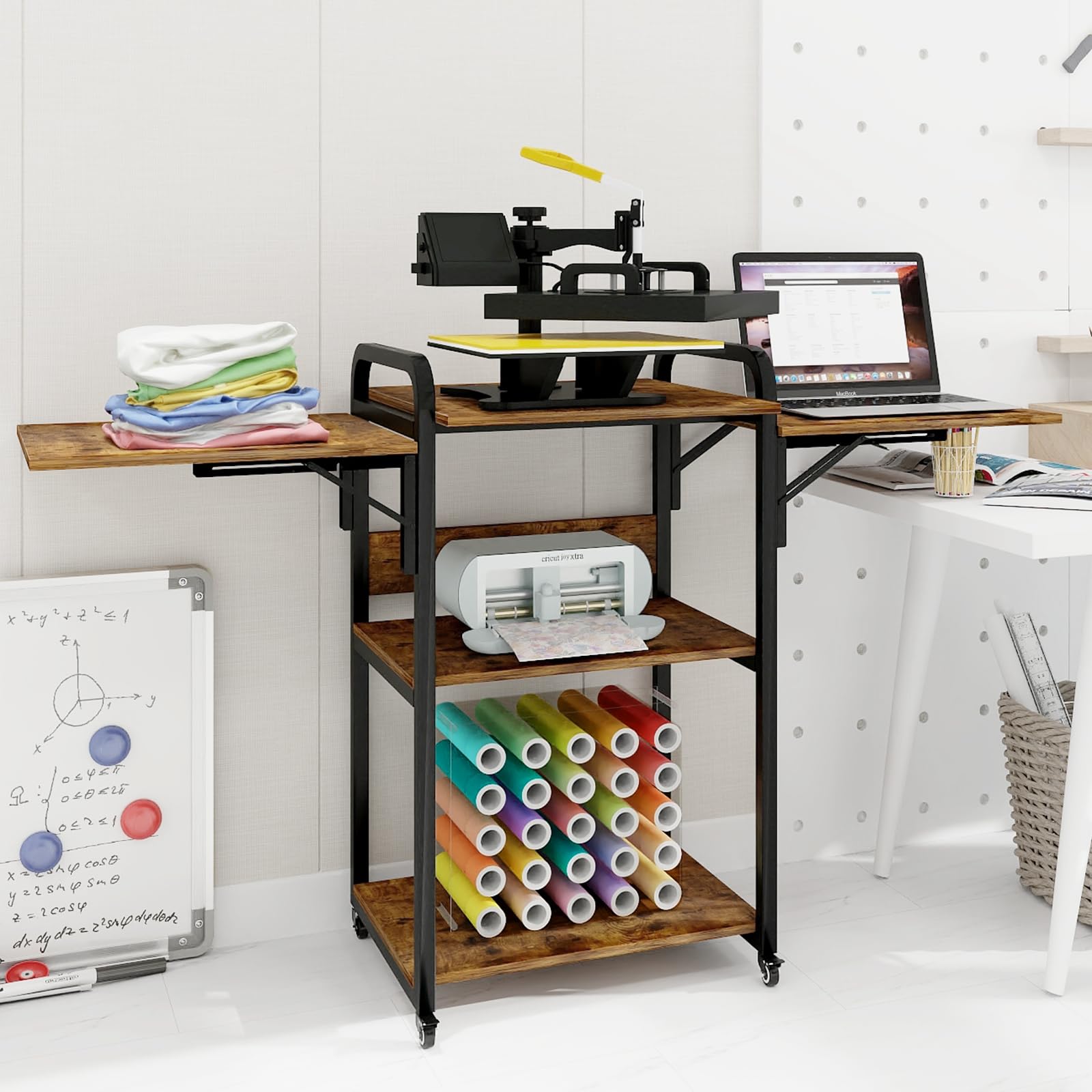 PUNCIA 3-Tier Heavy Duty Rolling Heat Press Table - Foldable Heat Transfer Machine Stand with Metal Shelves for Sublimation Printing | Portable Workbench for T-Shirt, Mug & DIY Crafts | Home & Workshop Organization Storage Solution