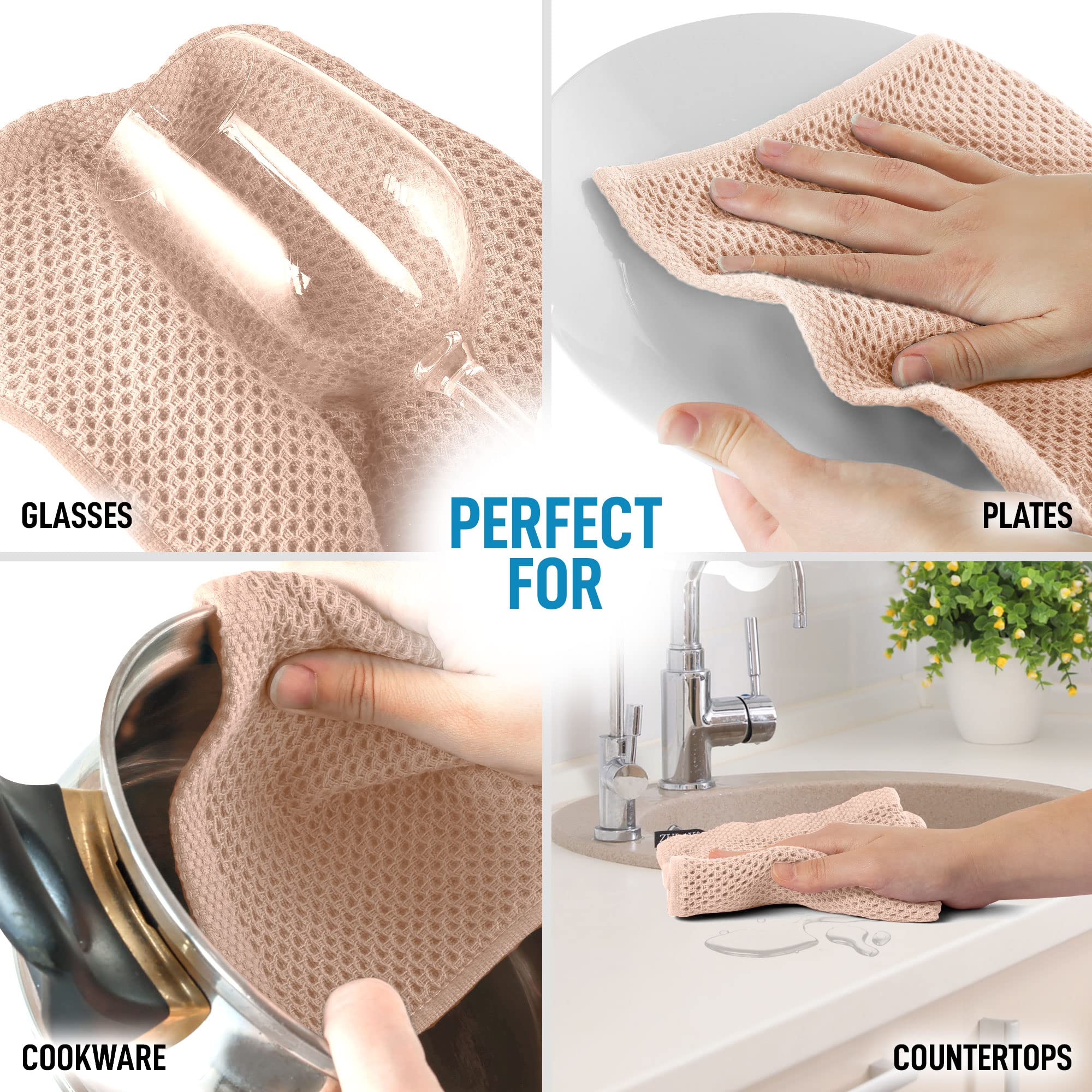 Zulay 3-Pack Cotton Waffle Weave Kitchen Towels - Super Absorbent for Dishes & Cleaning (Beige) - Perfect for Home & Commercial Use