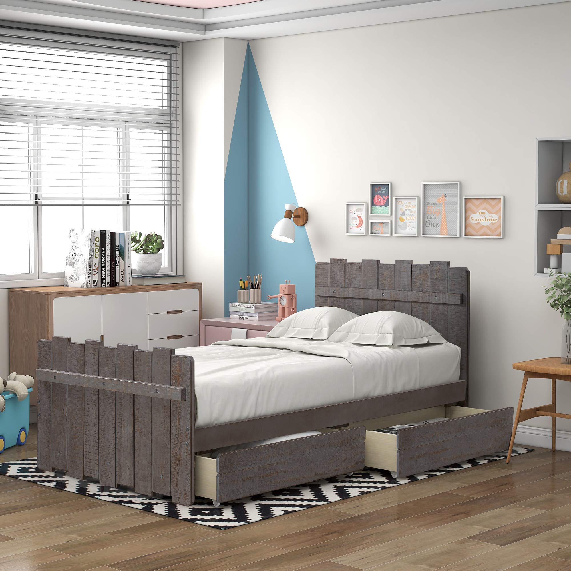 Farmhouse Style Twin Platform Bed with Drawers - Wooden Bed Frame with Fence Design, Headboard & Footboard - White - Perfect for Kids Rooms, Guest Bedrooms & Small Spaces