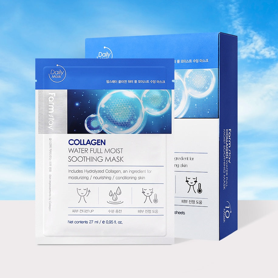 Farmstay Collagen Water Full Moist Soothing Face Mask - Hydrating & Nourishing Sheet Mask (10 Sheets/Box) for Dry Skin Care & Daily Skincare Routine