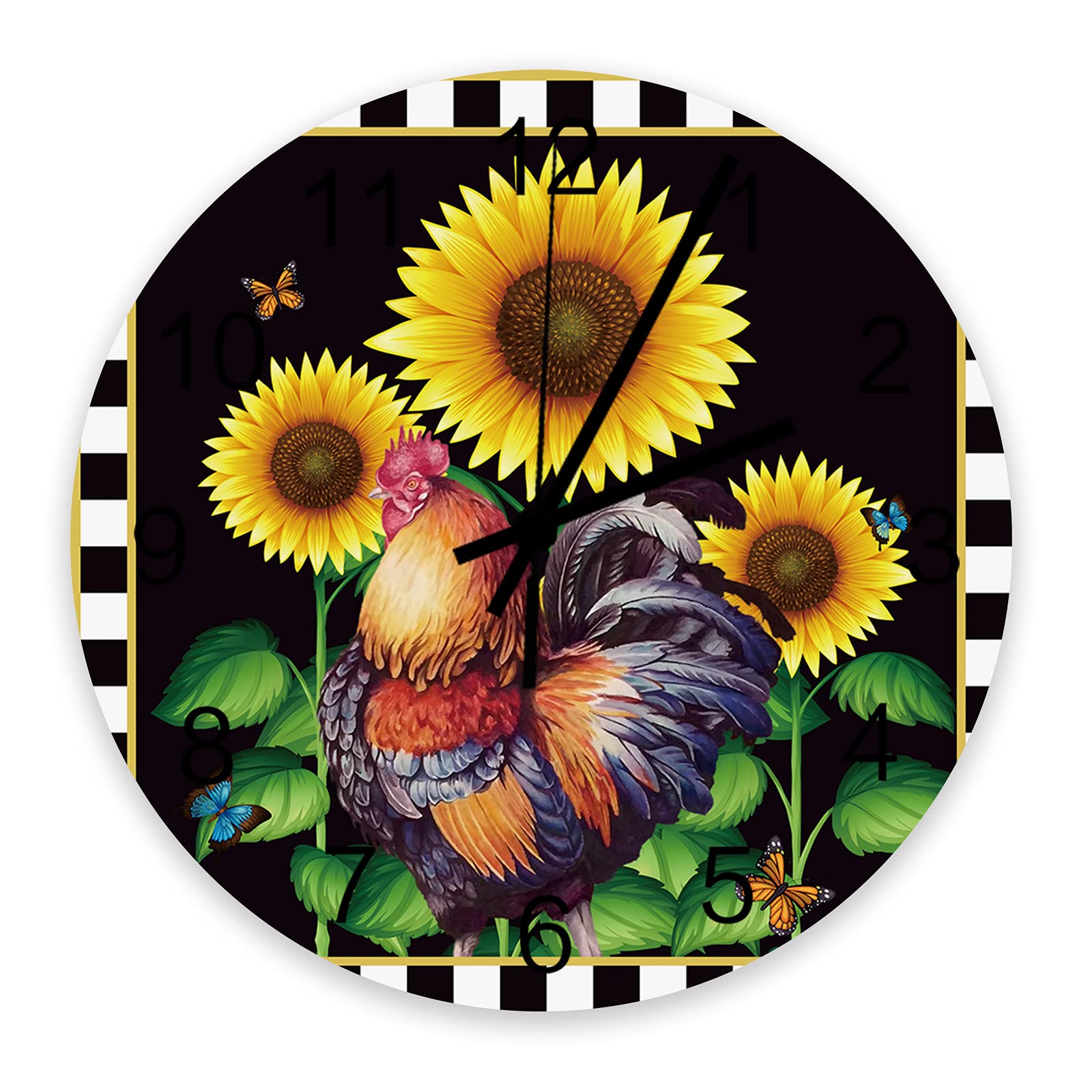 LBDEKOR 12 Inch Modern Wooden Wall Clock - Silent Non-Ticking Sunflower & Rooster Design in Black & White Checkered Pattern for Kitchen, Living Room, Bedroom Decor | Perfect for Farmhouse, Rustic & Vintage Home Décor