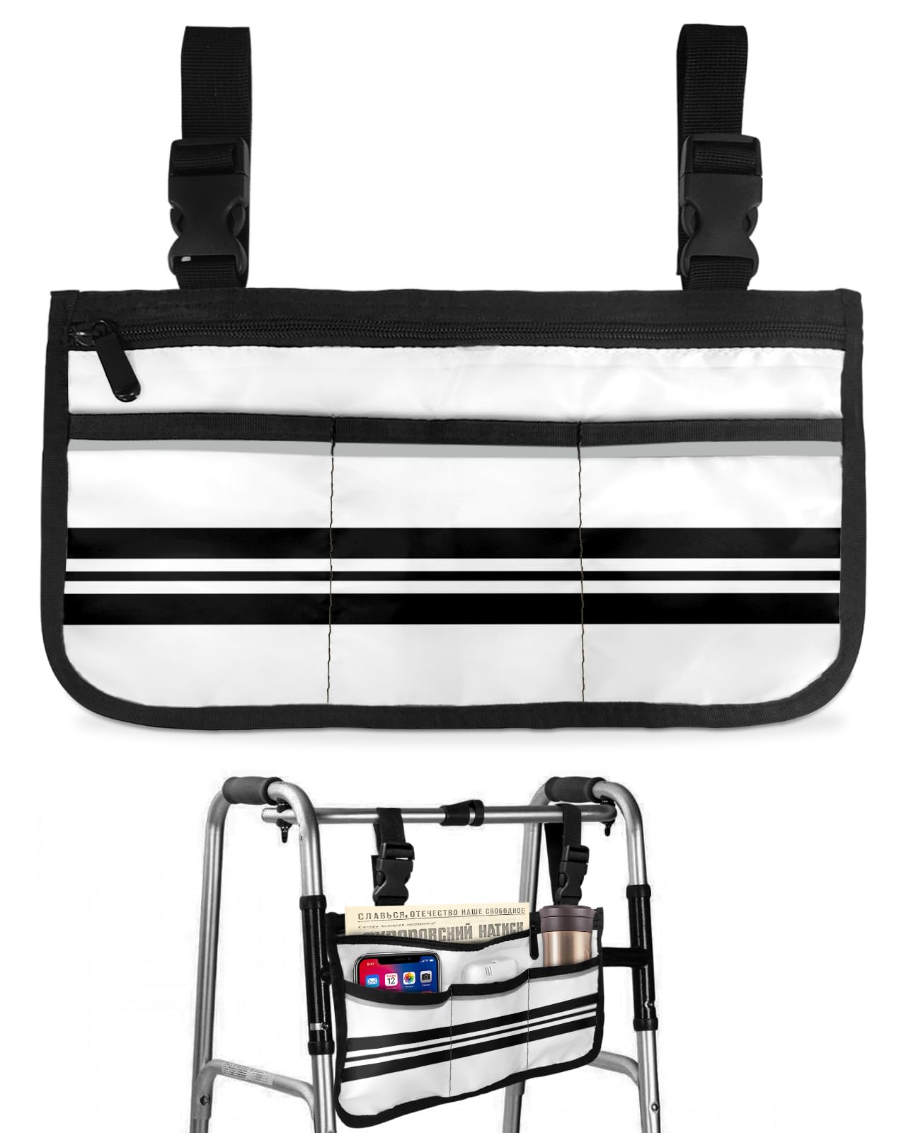 Walker Bag with Black Stripe - Waterproof Wheelchair Organizer Pouch & Storage Caddy | Durable Tote Basket for Mobility Aids, Medical Supplies & Daily Essentials | Perfect for Seniors, Disabled & Post-Surgery Recovery