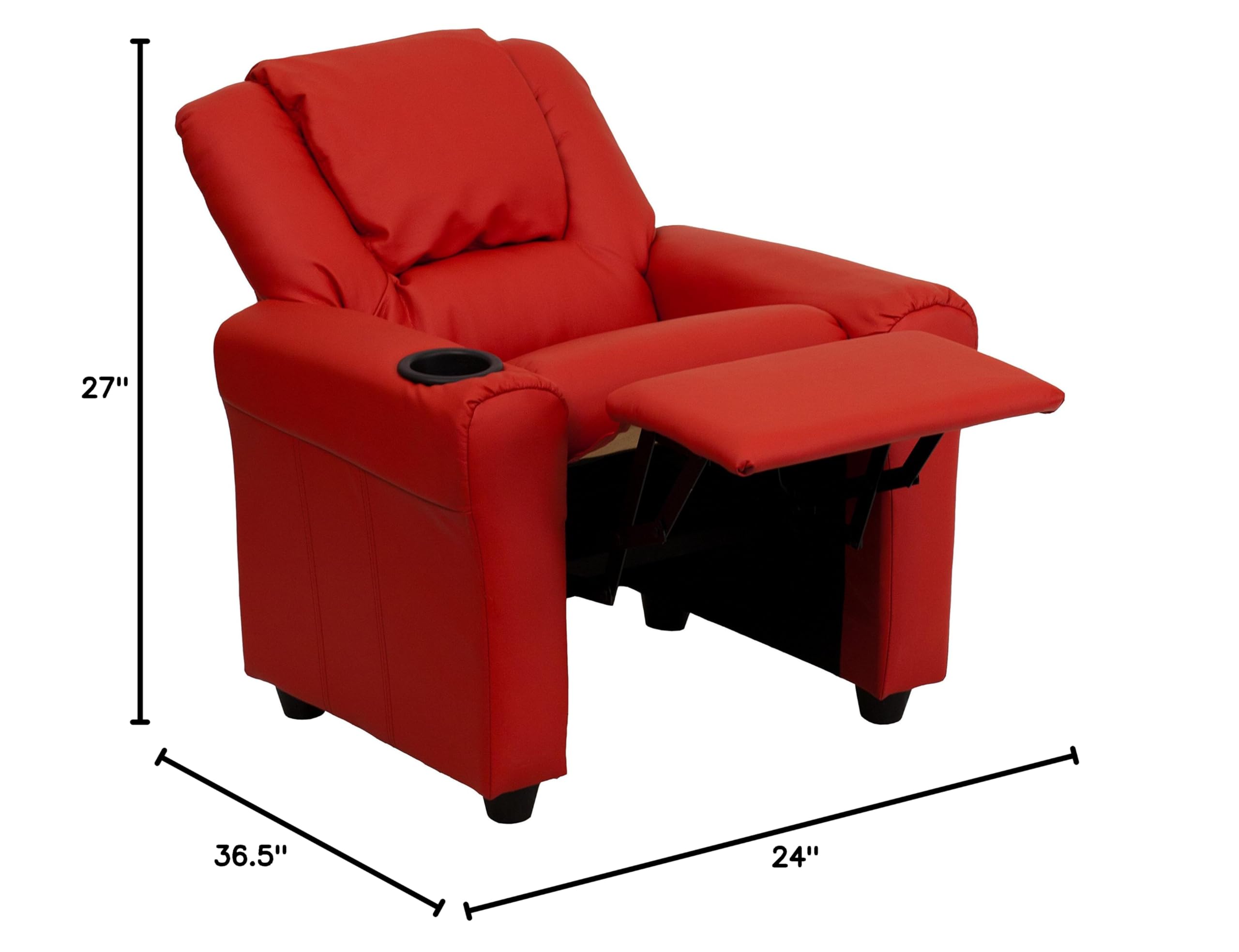 Comfy Red Vinyl Kids Recliner Chair with Cup Holder & Headrest - Perfect for Playrooms, Bedrooms & Movie Nights