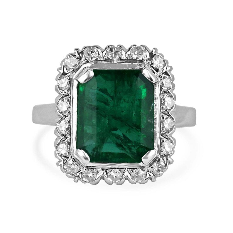 4.49tcw 14K White Gold Dark Green Emerald & Round Cut Diamond Halo Engagement Ring - Prong Set for Right Hand, Perfect for Proposals, Anniversaries, and Special Occasions