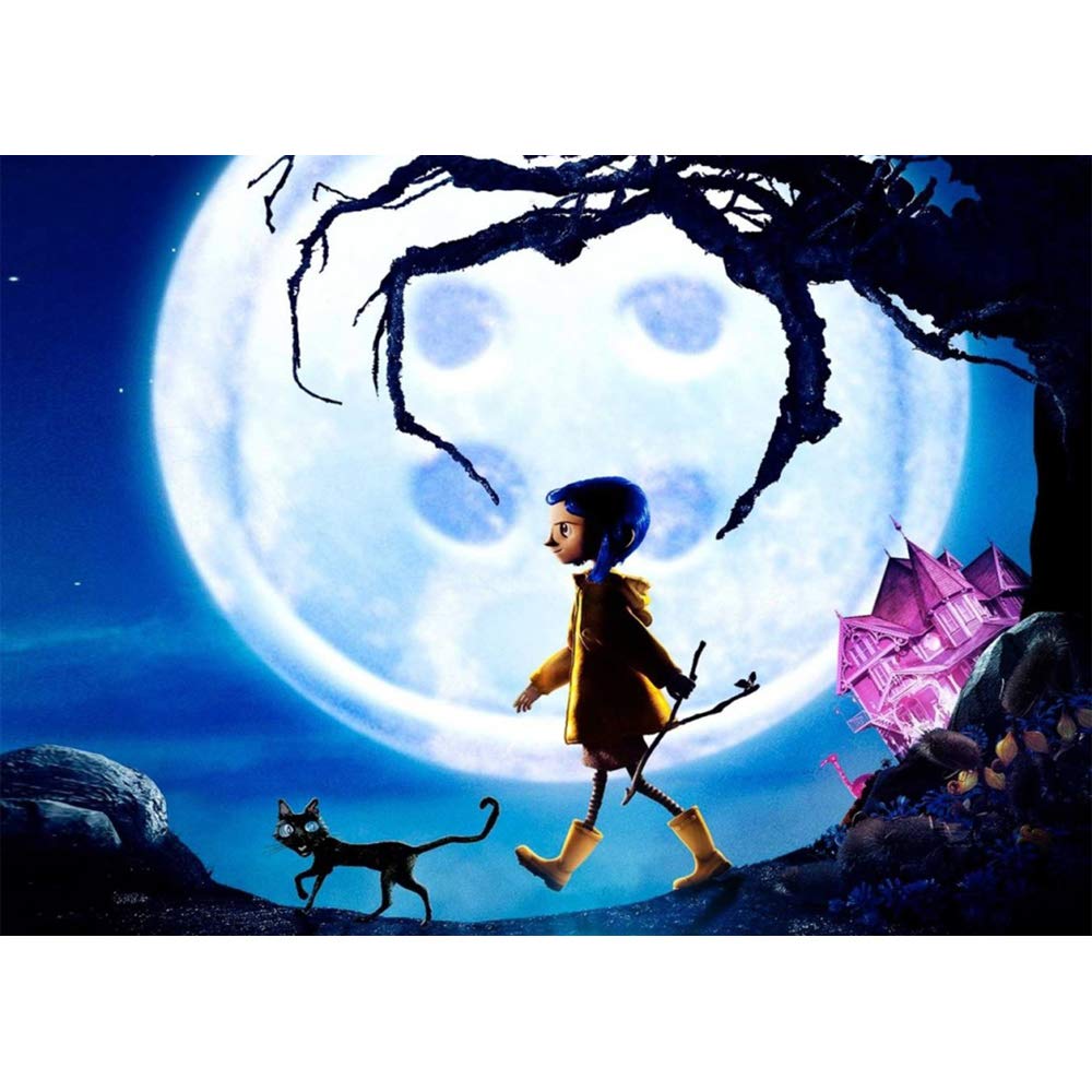 Coraline Movie Photo Backdrop - 7x5ft Halloween Birthday Party Decor with Bright Moon, Pink Palace & Black Cat - Studio Background for Girls' Themed Events, Photo Shoots & Home Decor