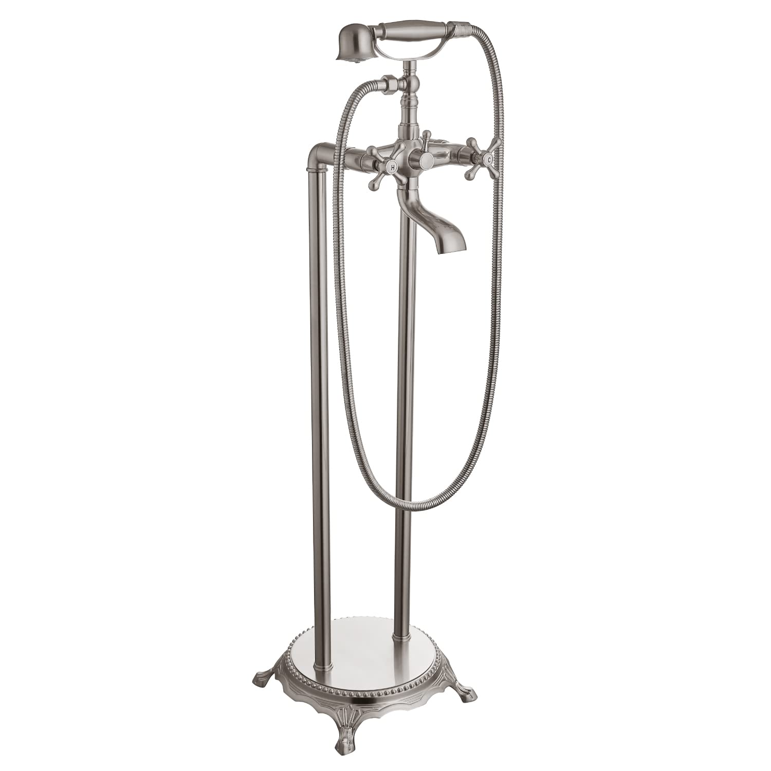 Brushed Nickel Freestanding Bathtub Faucet - Floor Mount Tub Filler with Double Cross Knobs & Handheld Shower - Modern Telephone Shape Bath Mixer Tap for Spa-Like Bathroom Relaxation