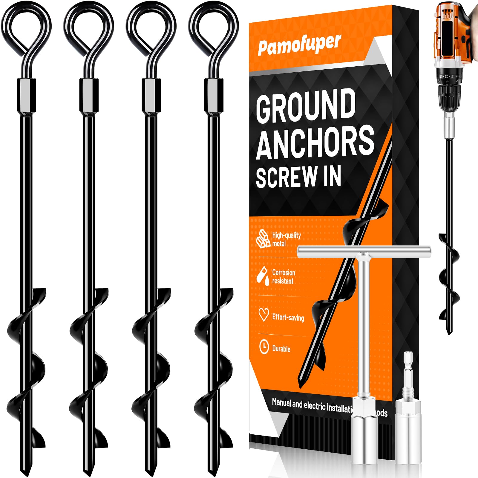Heavy Duty Screw-In Ground Anchors - 4 Pack (14 Inch) for Camping Tents, Canopies, Trampolines, Sheds & Swing Sets | Wind-Resistant Outdoor Anchoring Solution for High Winds | Perfect for Camping, Backyard, and Storm Protection