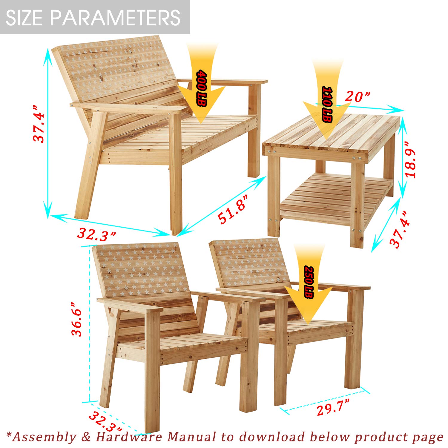 Patio Furniture Set 4-Piece Outdoor Conversation Set with Wood Armrest Loveseat, Lounge Chair, and Stars & Stripes Printed Coffee Table - Perfect for Backyard, Garden, Deck, and Poolside Relaxation