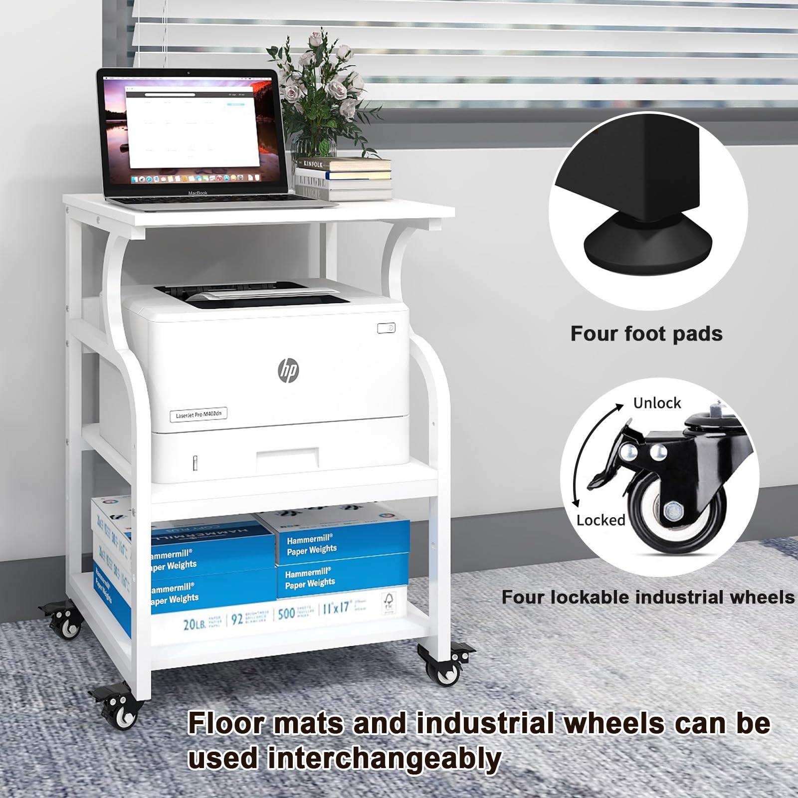 Natwind Large Adjustable 3-Tier Rolling Printer Cart with Wheels - 24''x20''x29'' Printer Stand with Storage Shelf - Multifunctional Home Office Shelves for Heat Press & 3D Printer (White) - Perfect for Craft Rooms, Office Organization & Small Business Workspaces