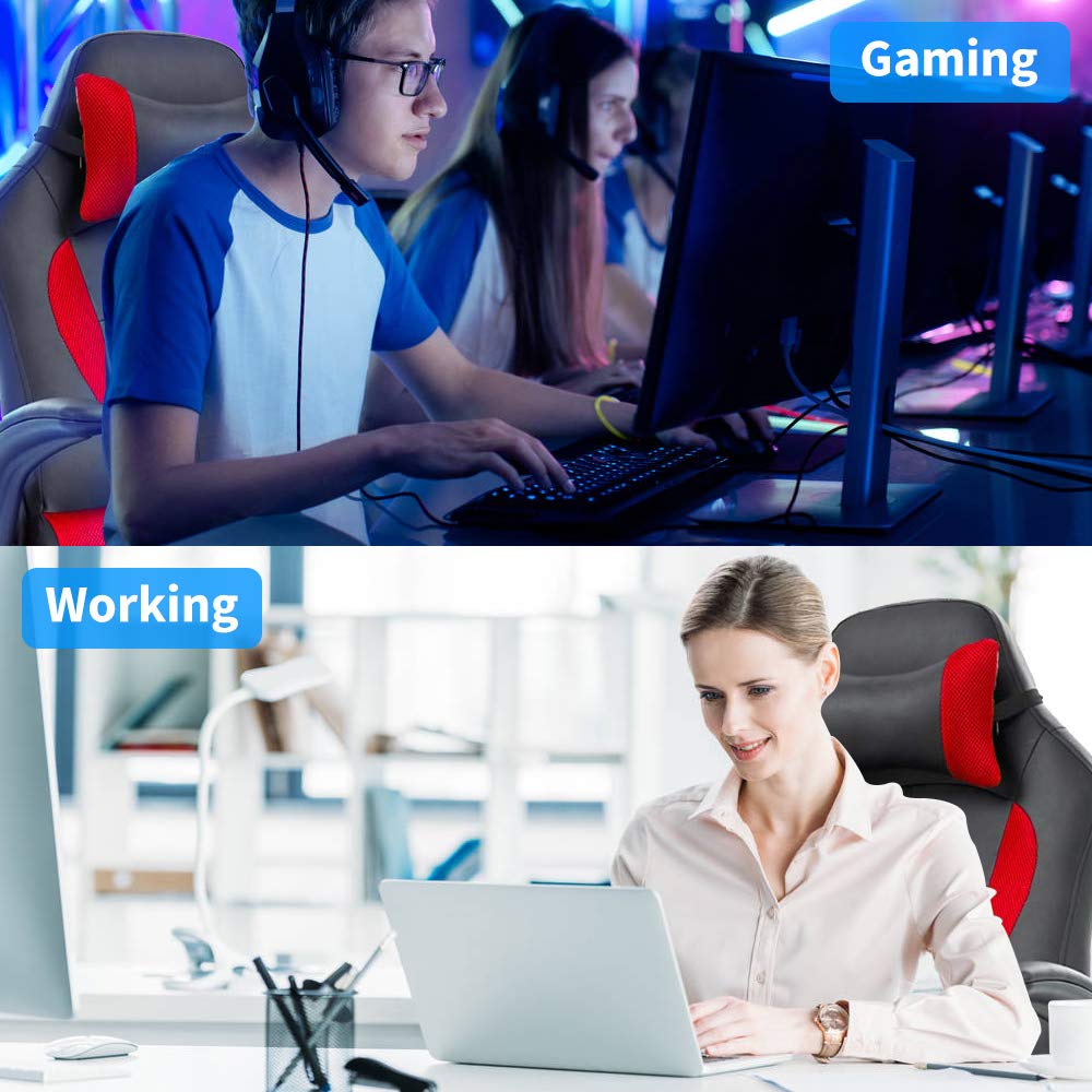 Ergonomic Gaming Chair with Lumbar Support & Head Pillow - Adjustable Leather Office Desk Chair for Home & Computer Work - Modern Executive Swivel Task Chair with Rolling Wheels (Red) - Perfect for Gaming, Remote Work & Home Office Setup