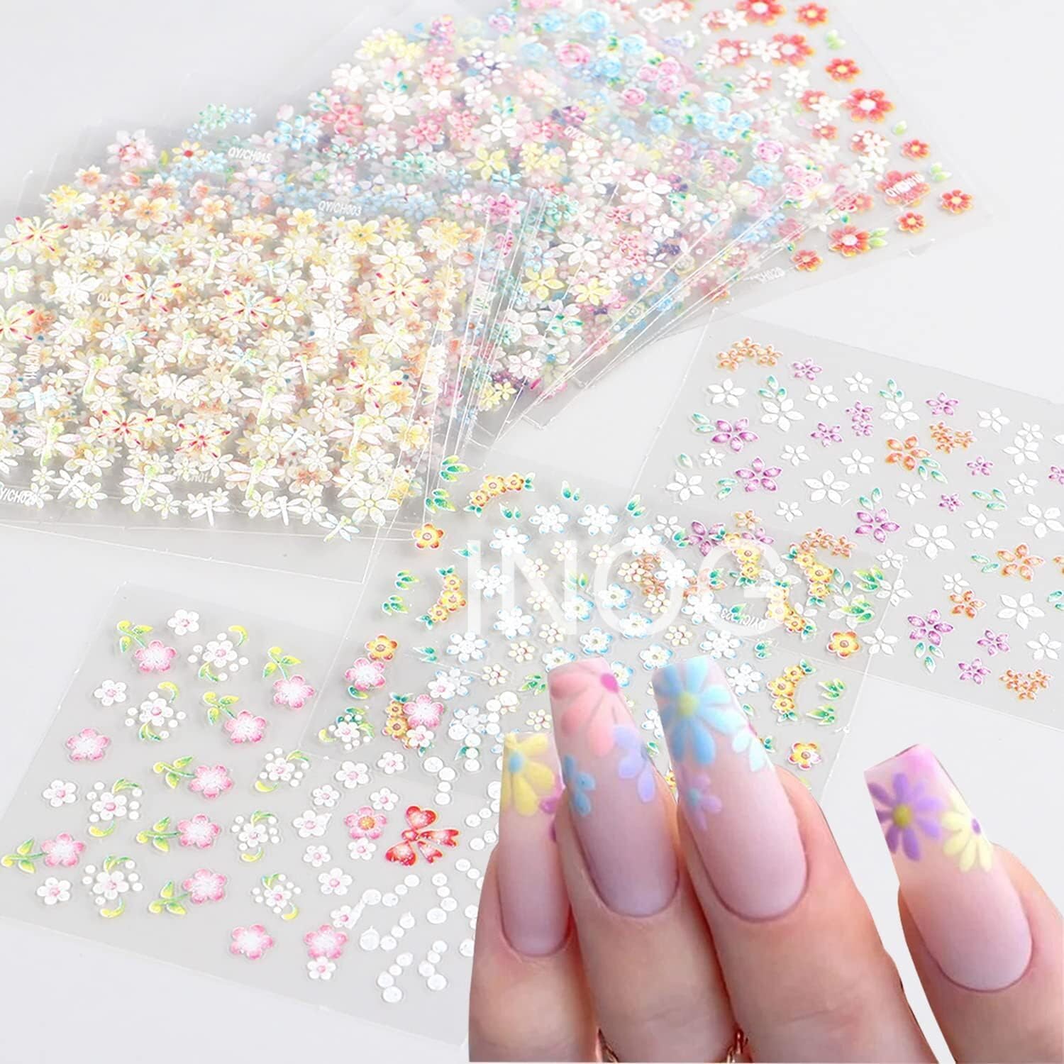INOG 30 Sheet Mini Flower Nail Art Stickers - Colorful Daisy Nail Decals for Nail Extension, Self-Adhesive Embossing Floral Nail Stickers, DIY Nail Art Embellishments (Multicolor) - Perfect for Salon, Home Manicure & Nail Art Designs