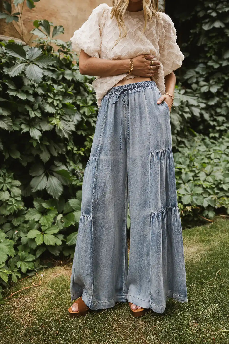 Nola Gathered Pants for Women - High Waisted Elastic Waistband Wide Leg Trousers - Comfortable Casual Office Pants for Work, Travel & Everyday Wear
