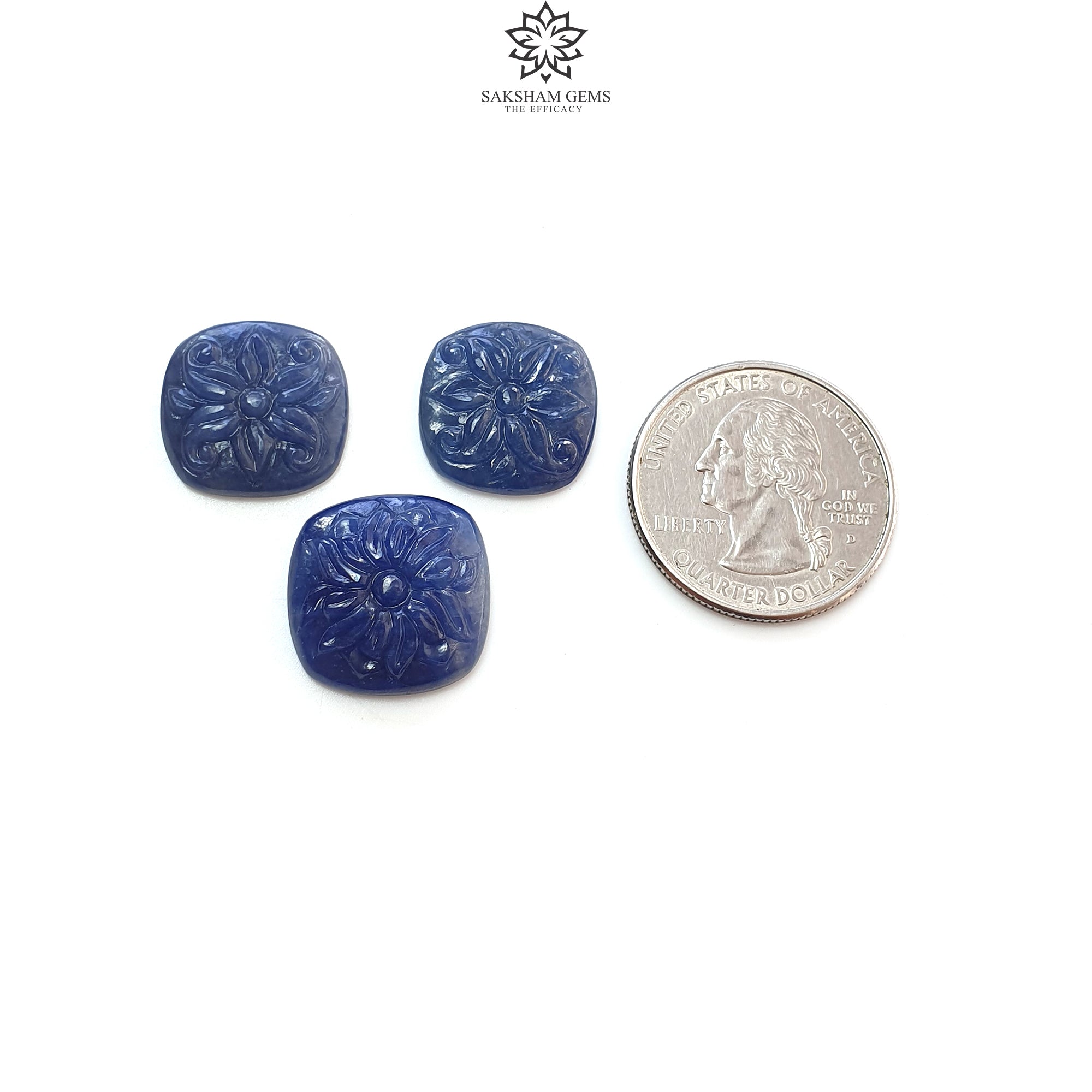 Natural Blue Sapphire Gemstone Carving - 45.00cts Untreated Unheated Hand-Carved Cushion Shape (16x18mm & 17x19mm, 3pcs) | Perfect for Jewelry Making, Engagement Rings & Luxury Gifts