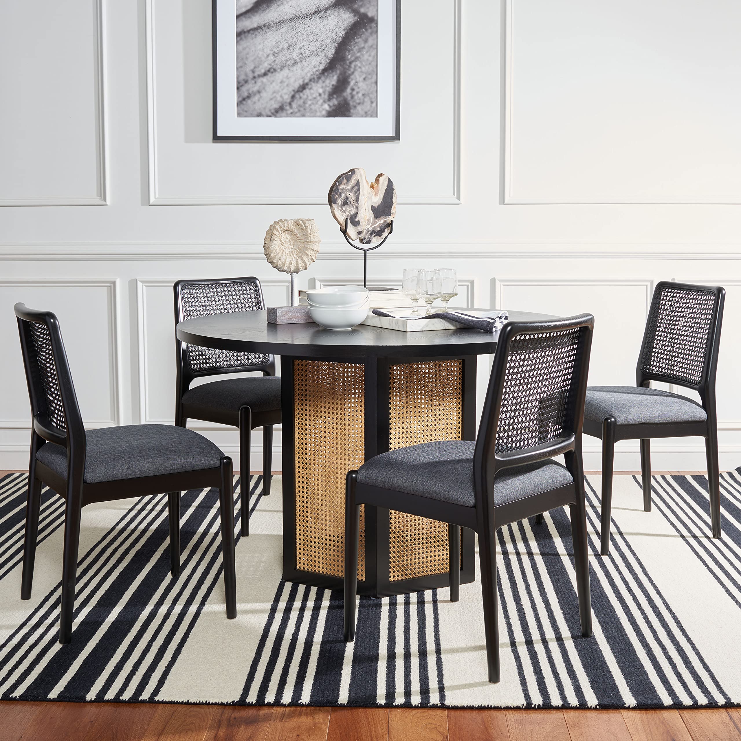 SAFAVIEH Reinhardt Rattan Cushion Dining Chairs (Set of 2) - Fully Assembled Black/Grey Modern Kitchen & Patio Furniture - DCH8800C-SET2 for Indoor Outdoor Dining Room, Breakfast Nook, and Garden Decor