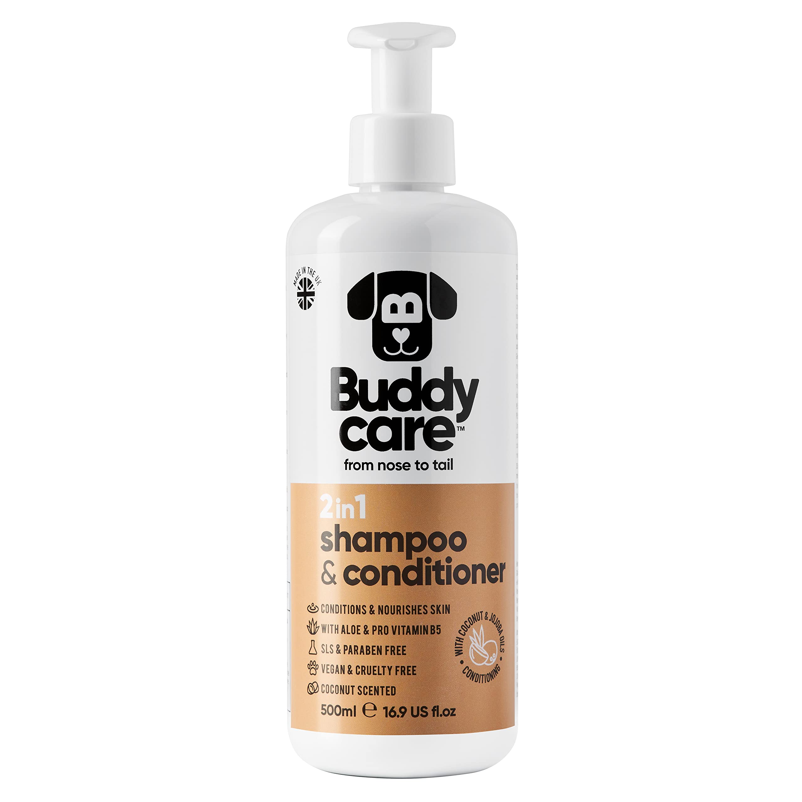 **Buddycare 2-in-1 Dog Shampoo & Conditioner with Coconut Scent, Aloe Vera & Pro Vitamin B5 – 500ml for Soft, Healthy Coat – Perfect for Bathing & Grooming at Home**