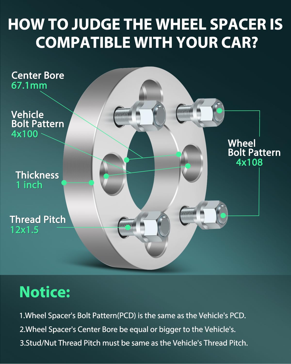 SCITOO 2Pcs 1 Inch Wheel Adapters 4x100 to 4x108 - 67.1mm Bore, 12x1.5 Studs, 4 Lug Wheel Spacers - Compatible with Ford Escort, Toyota Corolla, Celica, Echo, MR2 Spyder, Paseo - Perfect for Off-Roading, Custom Wheels & Performance Upgrades