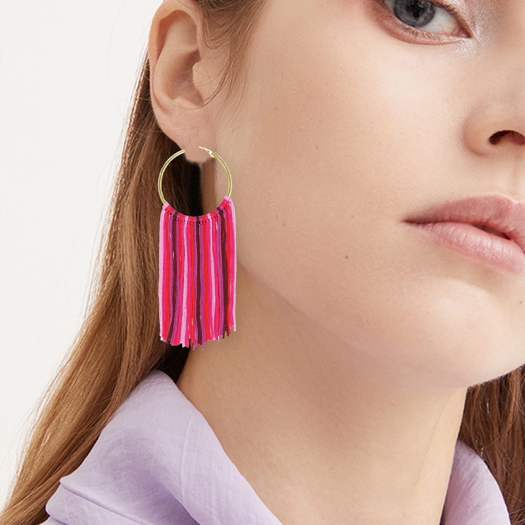 Boho Lightweight Long Round Hoop Statement Earrings with Tassels & Fringe Dangle - Trendy Women's Jewelry for Parties, Weddings & Everyday Wear