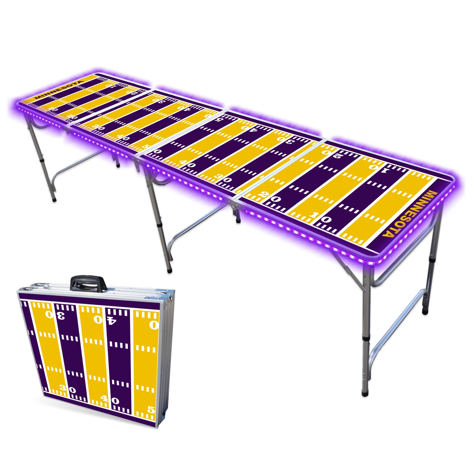 8-Foot Folding Portable Beer Pong Table with LED Lights & Cup Holders - Minnesota Vikings Football Field Design - Perfect for Tailgating, College Parties & Backyard Games