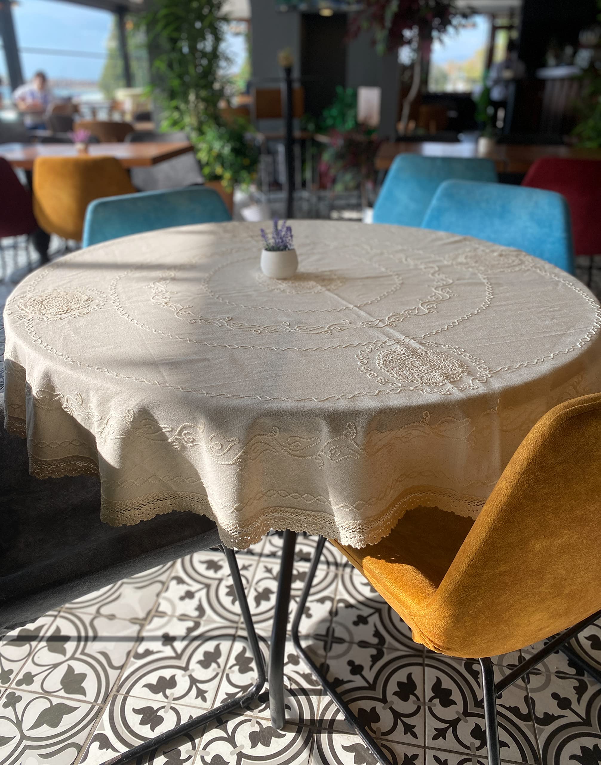 Handmade Embroidered Cotton Linen Tablecloth with Lace - 60