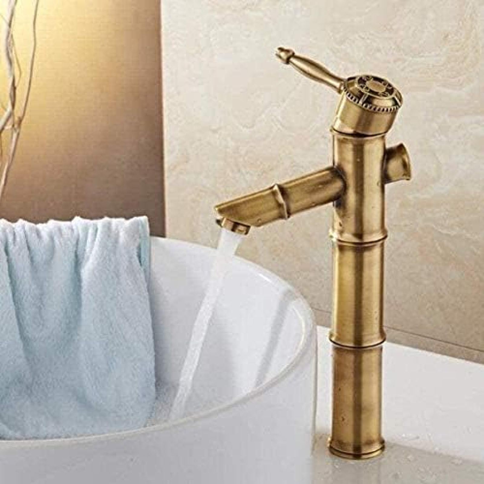 CRJUS Single Handle Antique Brass Bamboo Style Bathroom Sink Faucet - Hot and Cold Water Mixer Tap for Vintage Style Vanities, Powder Rooms & Guest Bathrooms