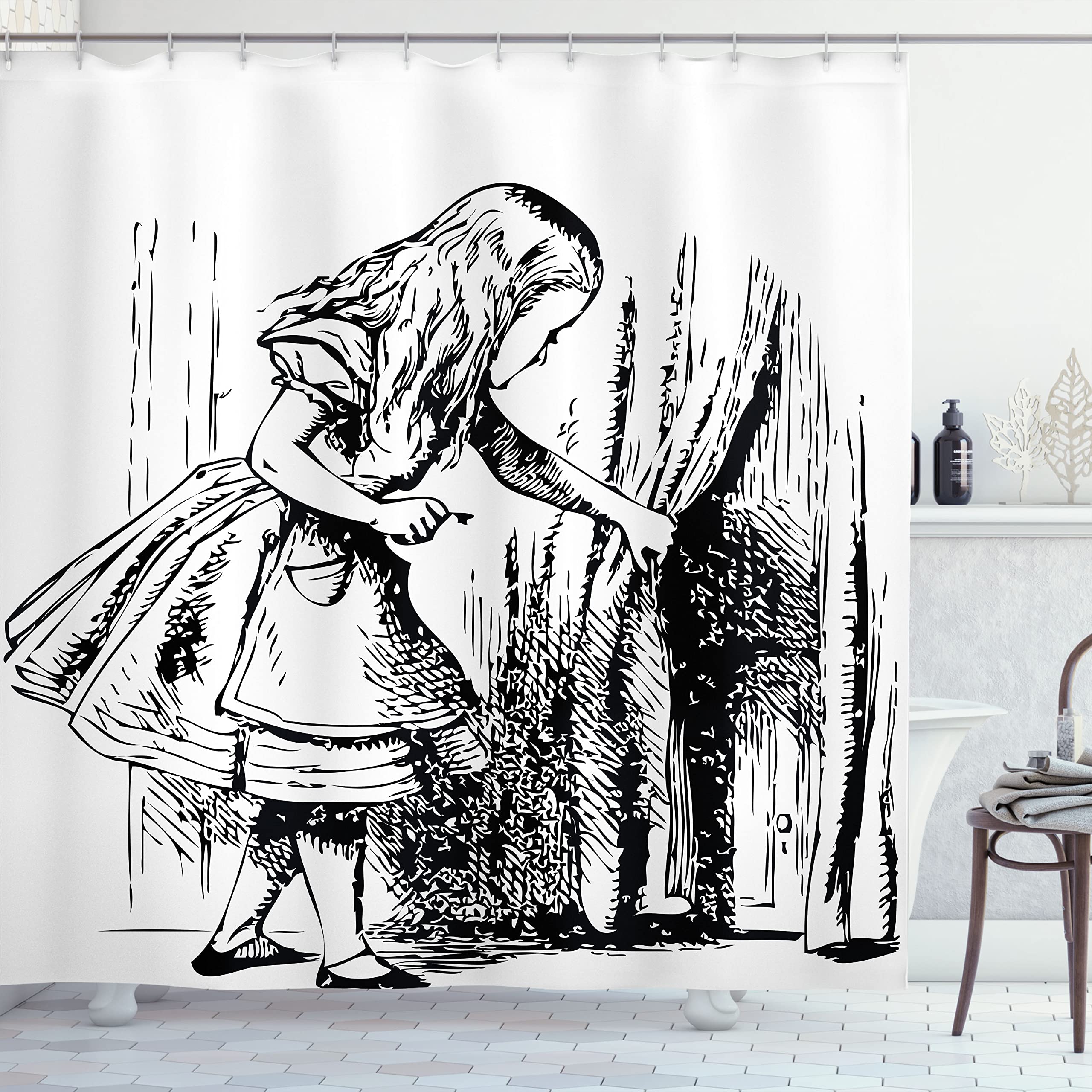 Ambesonne Alice in Wonderland Shower Curtain - Black & White Alice Adventure Design, 69x84 Inch Fabric Bathroom Decor with Hooks | Perfect for Themed Bathrooms, Kids' Rooms & Whimsical Home Decor