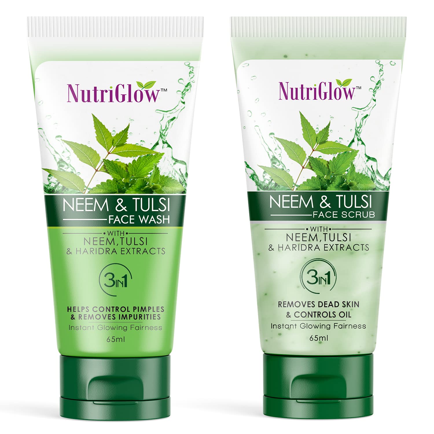 Nutriglow Face Wash & Scrub Set (65ml Each) with Haridra Extracts - Pack of 2 for Glowing Skin - Perfect for Daily Cleansing & Exfoliating Routine