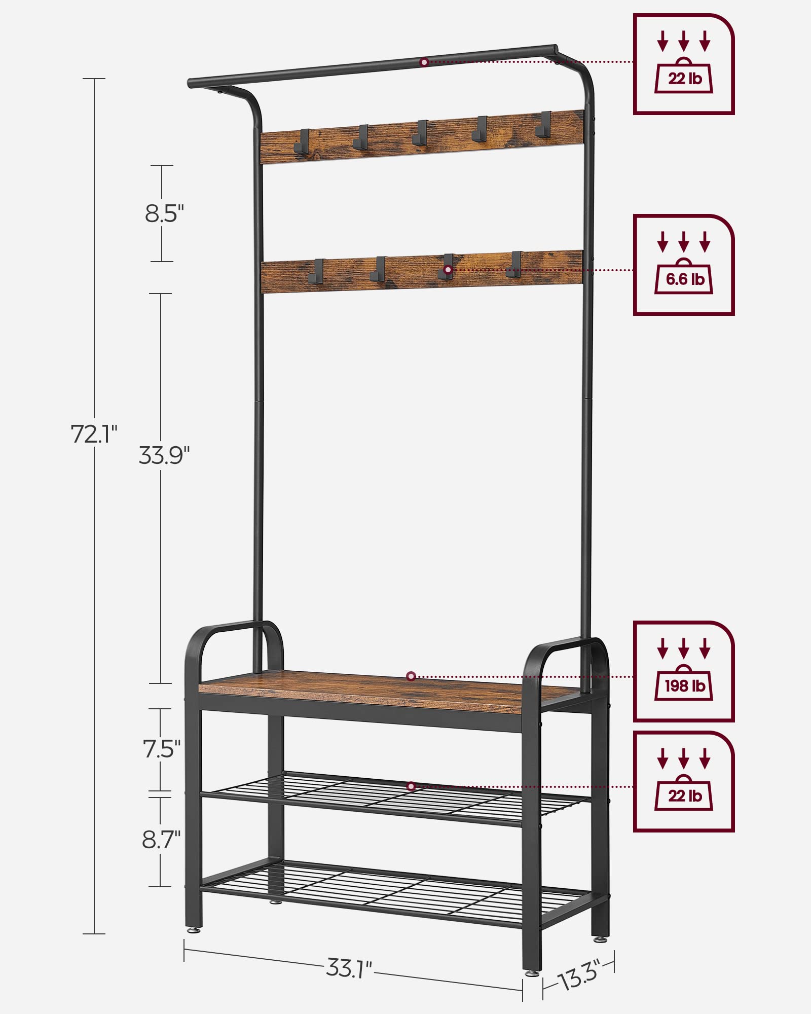 VASAGLE 4-in-1 Hall Tree with Shoe Bench, Coat Rack & 9 Removable Hooks - Rustic Brown & Black Entryway Organizer for Shoes, Coats & Bags - Perfect for Small Spaces, Apartments & Mudrooms (33.1 x 13.3 x 72.1 Inches) UHSR400B01