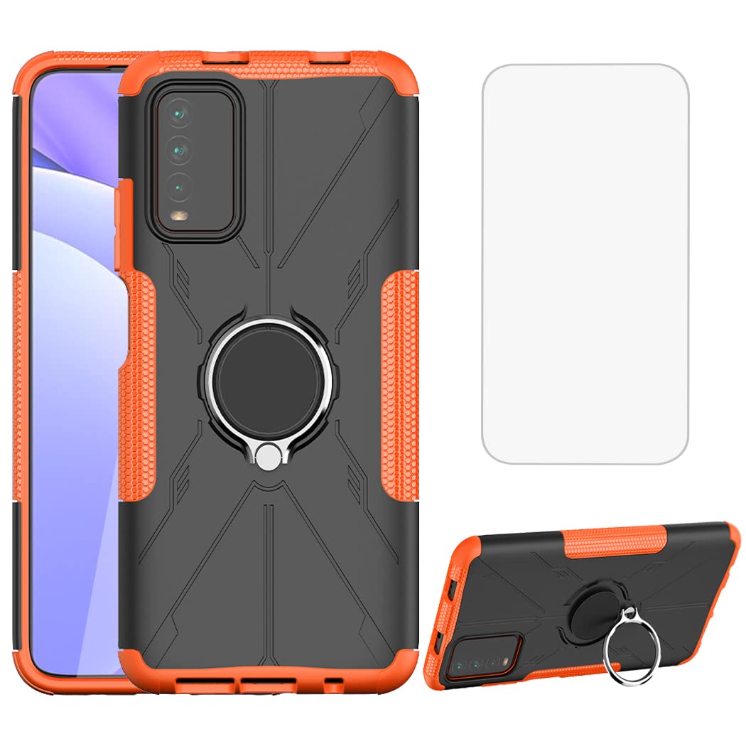 Premium Shockproof Phone Case for Redmi 9T/Poco M3/Redmi Note 9 4G M2010J19SL with Tempered Glass Screen Protector & Metal Ring Holder Kickstand - Durable Protection Cover for Xiaomi Redmi 9T (Orange) - Perfect for Work, Travel & Outdoor Activities
