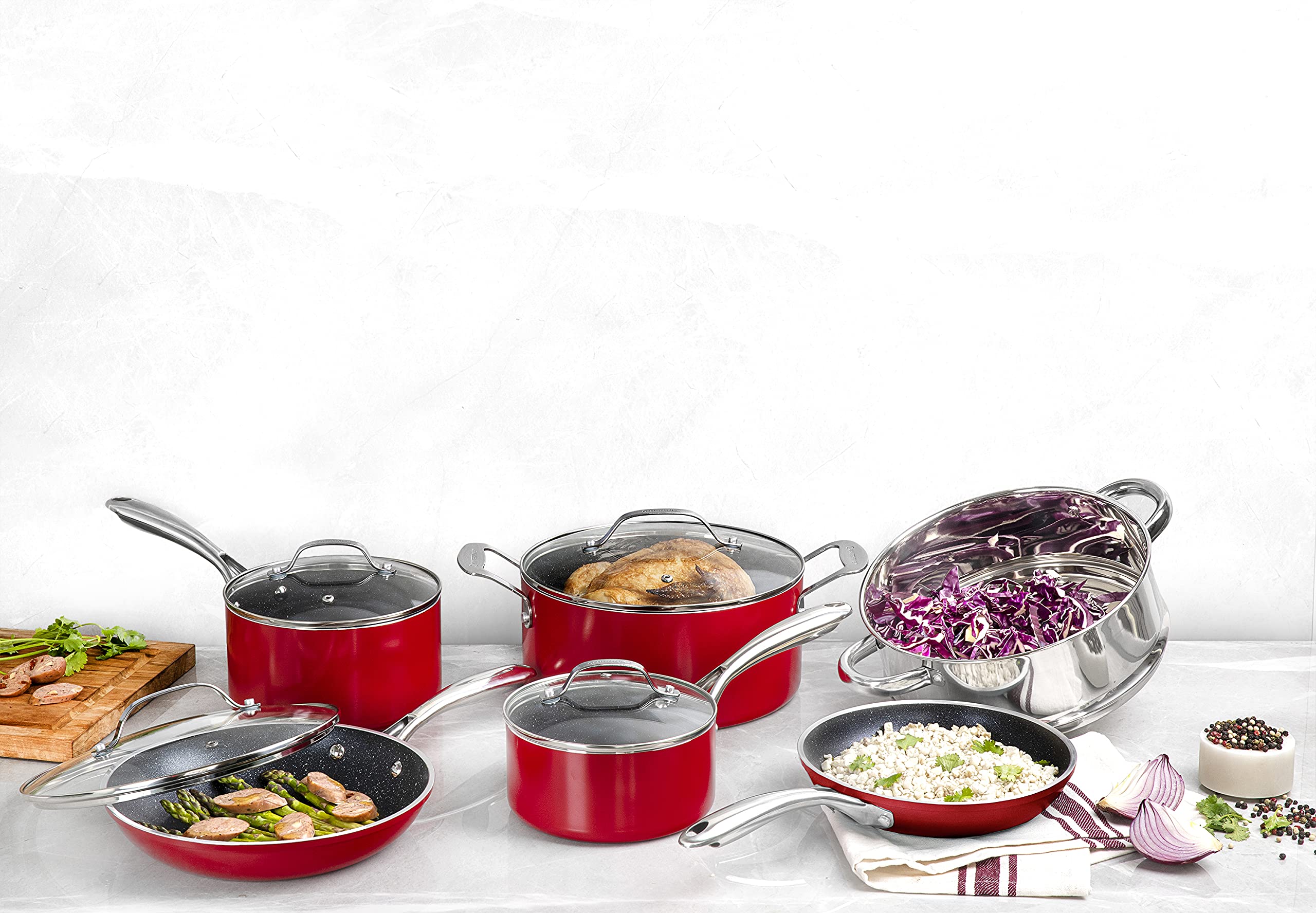 Granite Stone Cookware Set - 12-Piece Nonstick Pots and Pans Set, Red, Durable Scratch-Resistant Kitchen Cookware for Gas & Induction Stovetops - Perfect for Frying, Sautéing, Boiling & Everyday Cooking