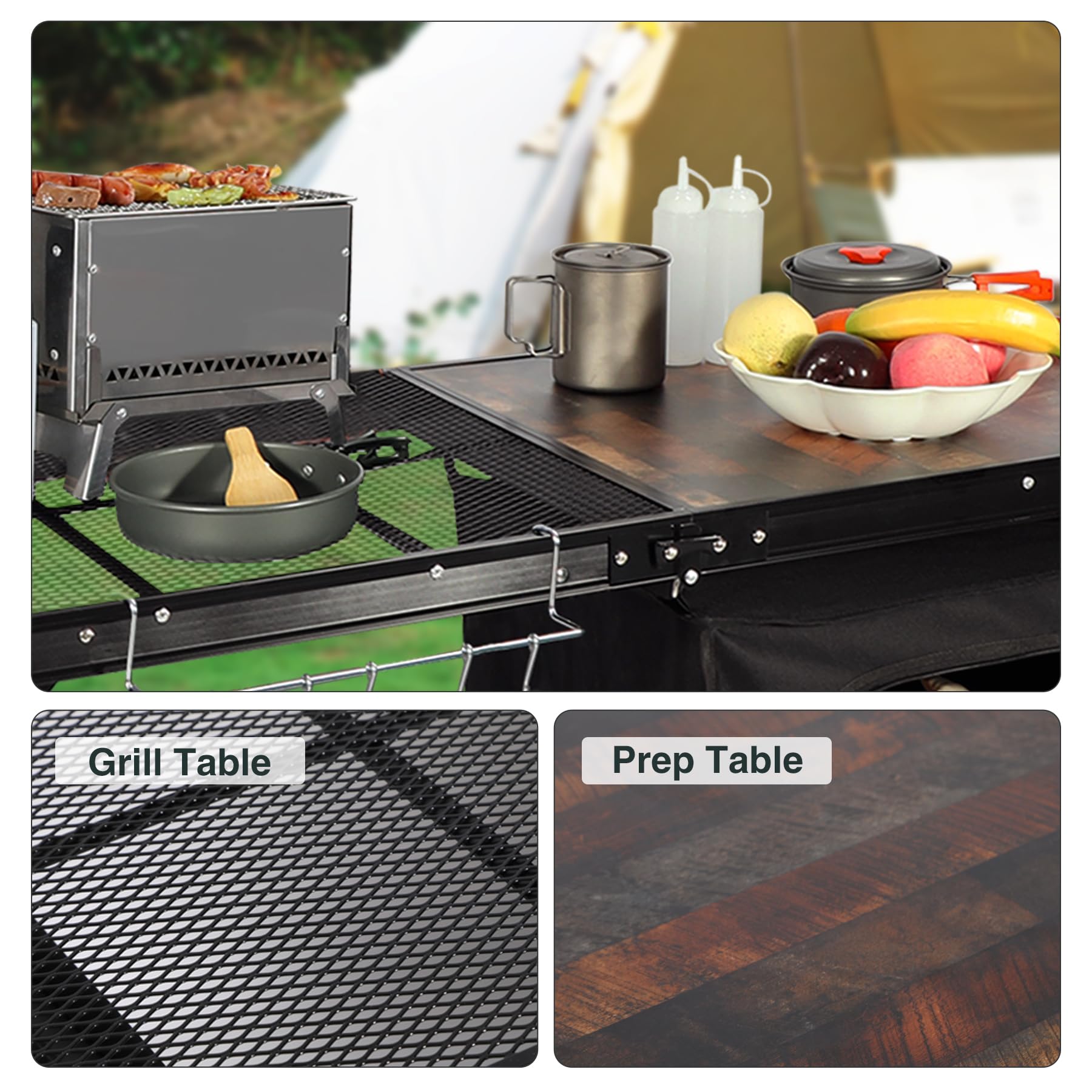 REDCAMP 4ft Portable Camping Kitchen Table with Storage Organizer & Telescoping Light Stand - Foldable Outdoor Cooking Station for BBQ, Picnic, Party & Camping | Perfect for Backyard Grilling, Tailgating & RV Adventures