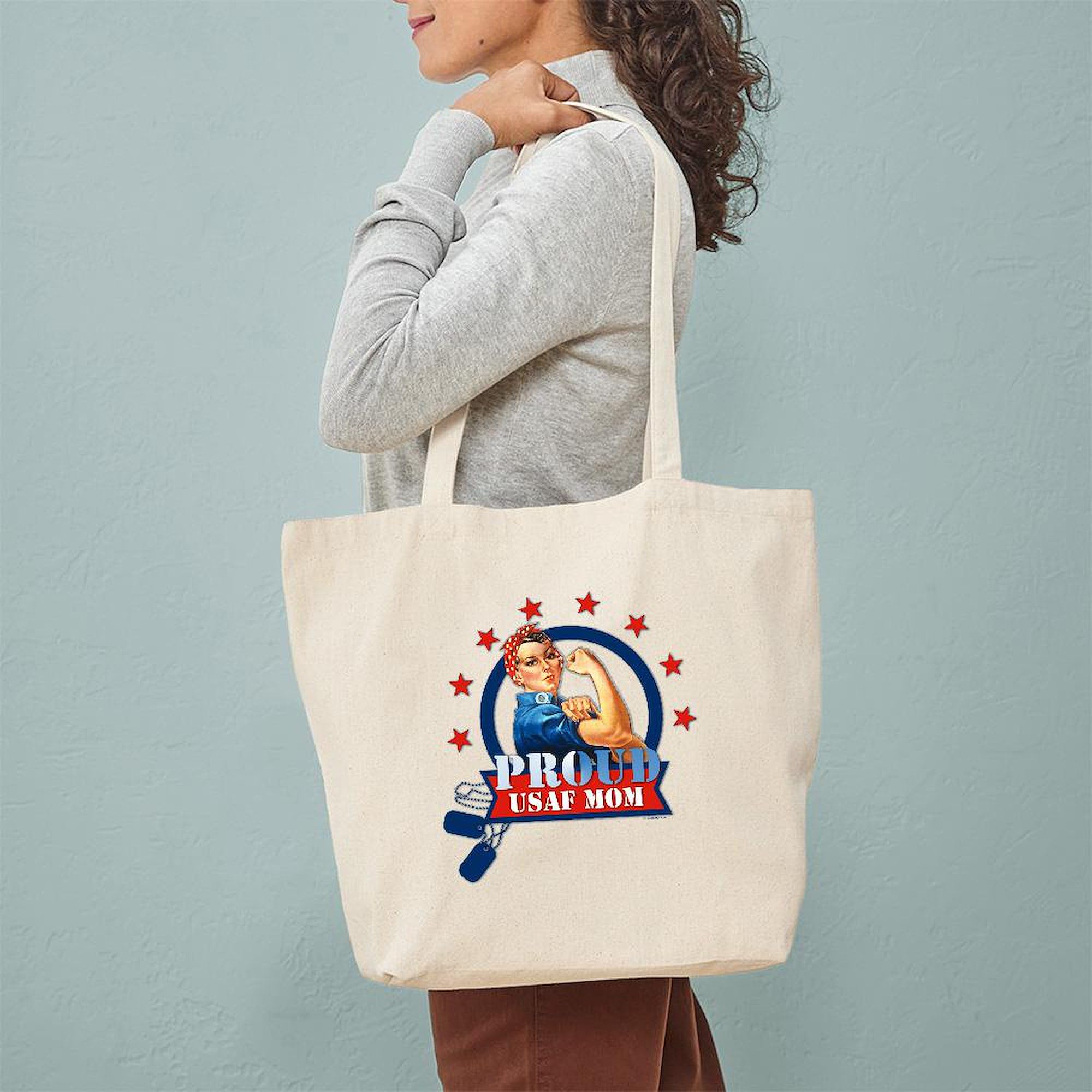 Rosie Proud USAF Mom Tote Bag - Natural Canvas Reusable Shopping Bag for Military Moms | Grocery, Beach, Work & Everyday Use