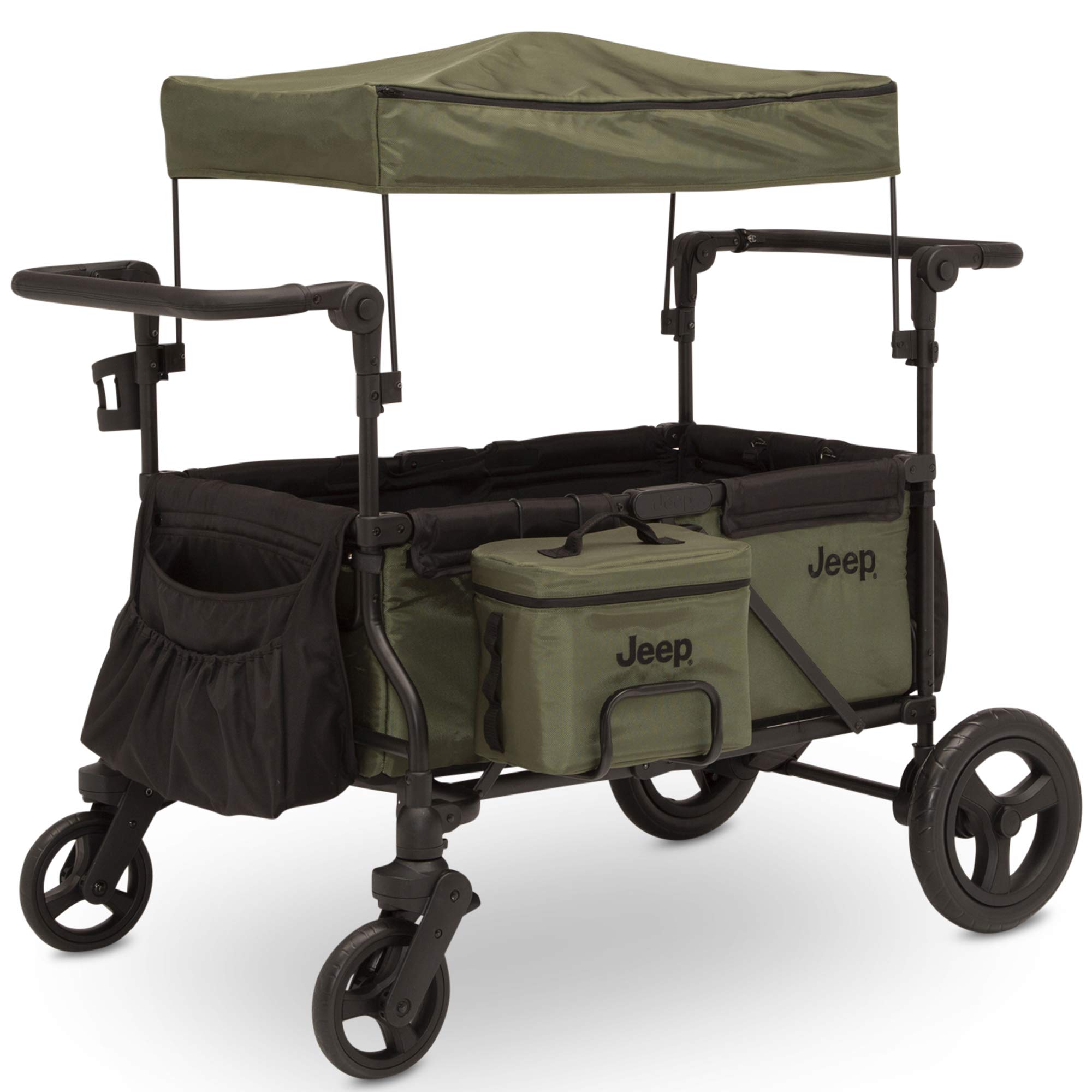 Delta Children Jeep Deluxe Wrangler Stroller Wagon with Cooler Bag & Parent Organizer - Black/Green - Perfect for Outdoor Adventures, Beach Trips, and Family Outings
