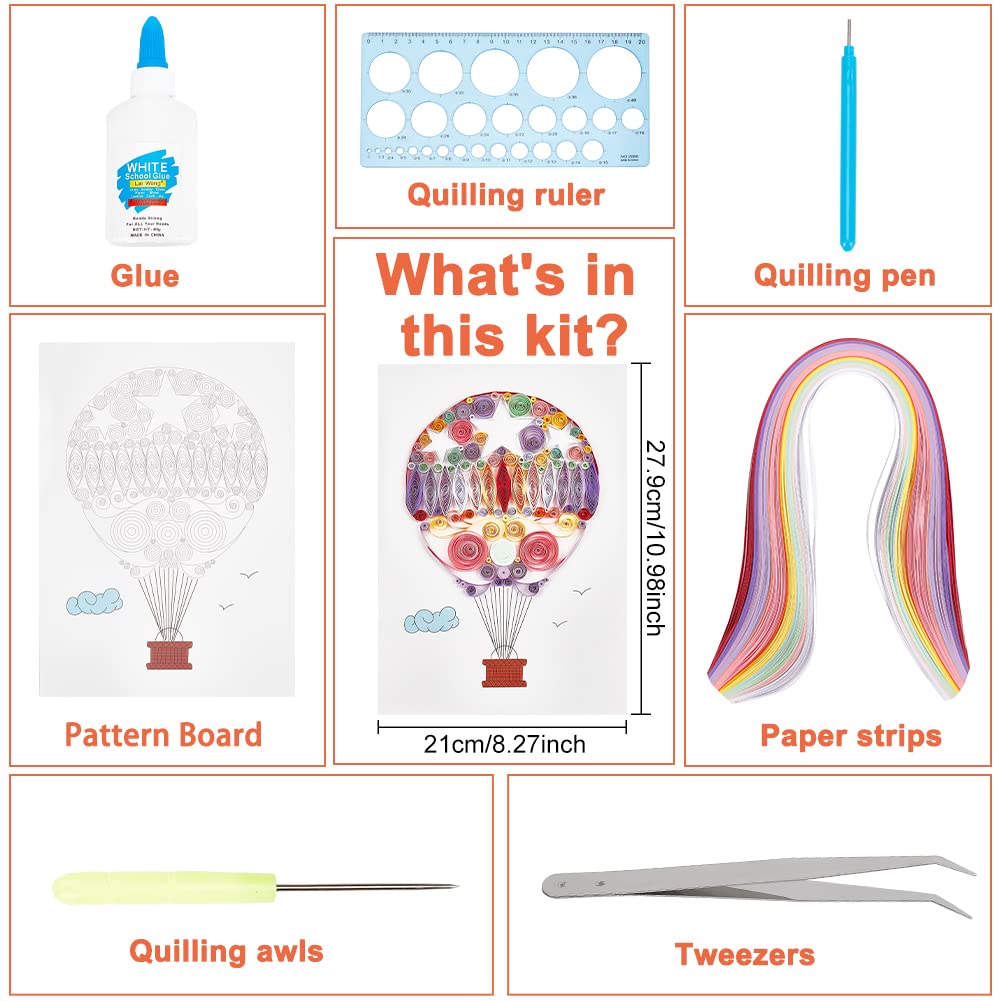 WEBEEDY Quilling Kit for Adults & Beginners - DIY Paper Filigree Craft Set with Tools for Handmade Wall Art, Home Decor & Creative Gifts (8x10 inch Hot Air Balloon Design) - Perfect for Scrapbooking, Card Making & Room Decoration