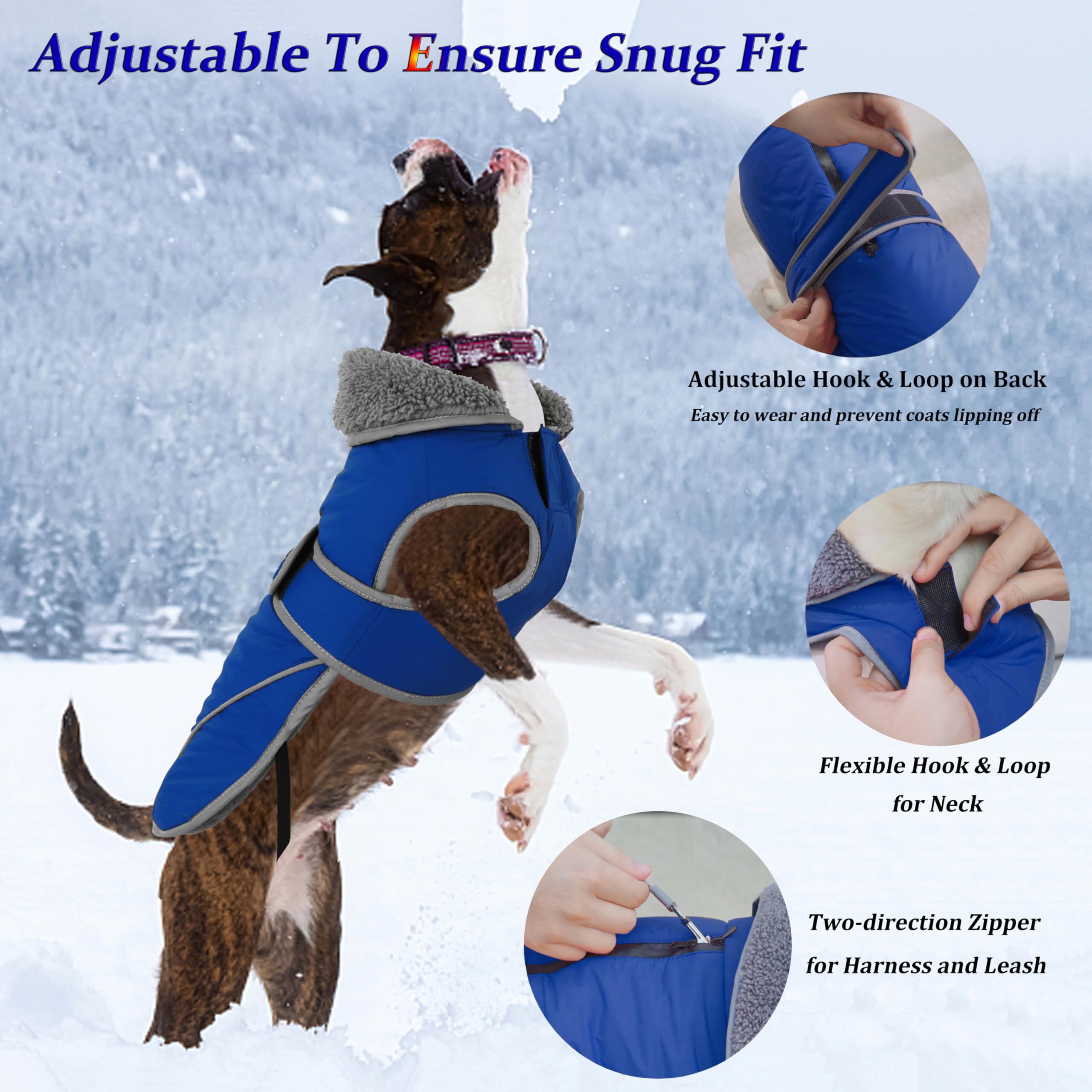 Dogcheer Waterproof & Reflective Winter Dog Jacket - Warm Fleece Coat with Turtleneck & Leash Hole for Small Medium Large Dogs | Cozy Snowsuit for Cold Weather, Outdoor Walks & Winter Adventures - Blue, Size L
