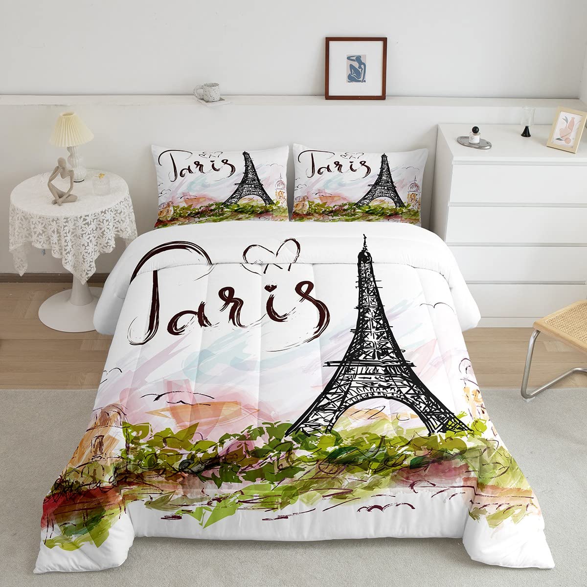 Vintage Paris Eiffel Tower Bedding Set - Ultra Soft Queen Size Comforter with Romantic French Design for Youth, Valentine's Day & Travel Inspired Decor | Perfect for Teen Bedrooms, Paris-Themed Decor & Cozy Sleep