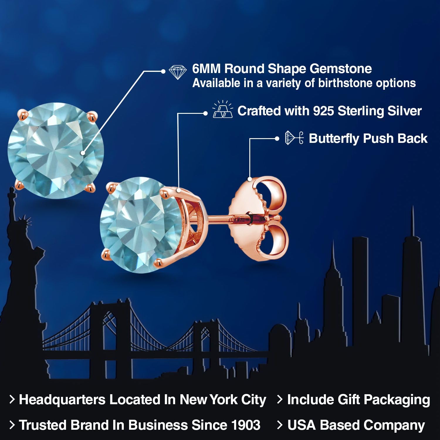 Gem Stone King 18K Rose Gold Plated Sterling Silver 6MM Round Birthstone Stud Earrings for Women & Men | Personalized Jewelry Gift for Birthday, Anniversary & Special Occasions | Elegant Everyday Wear & Formal Events
