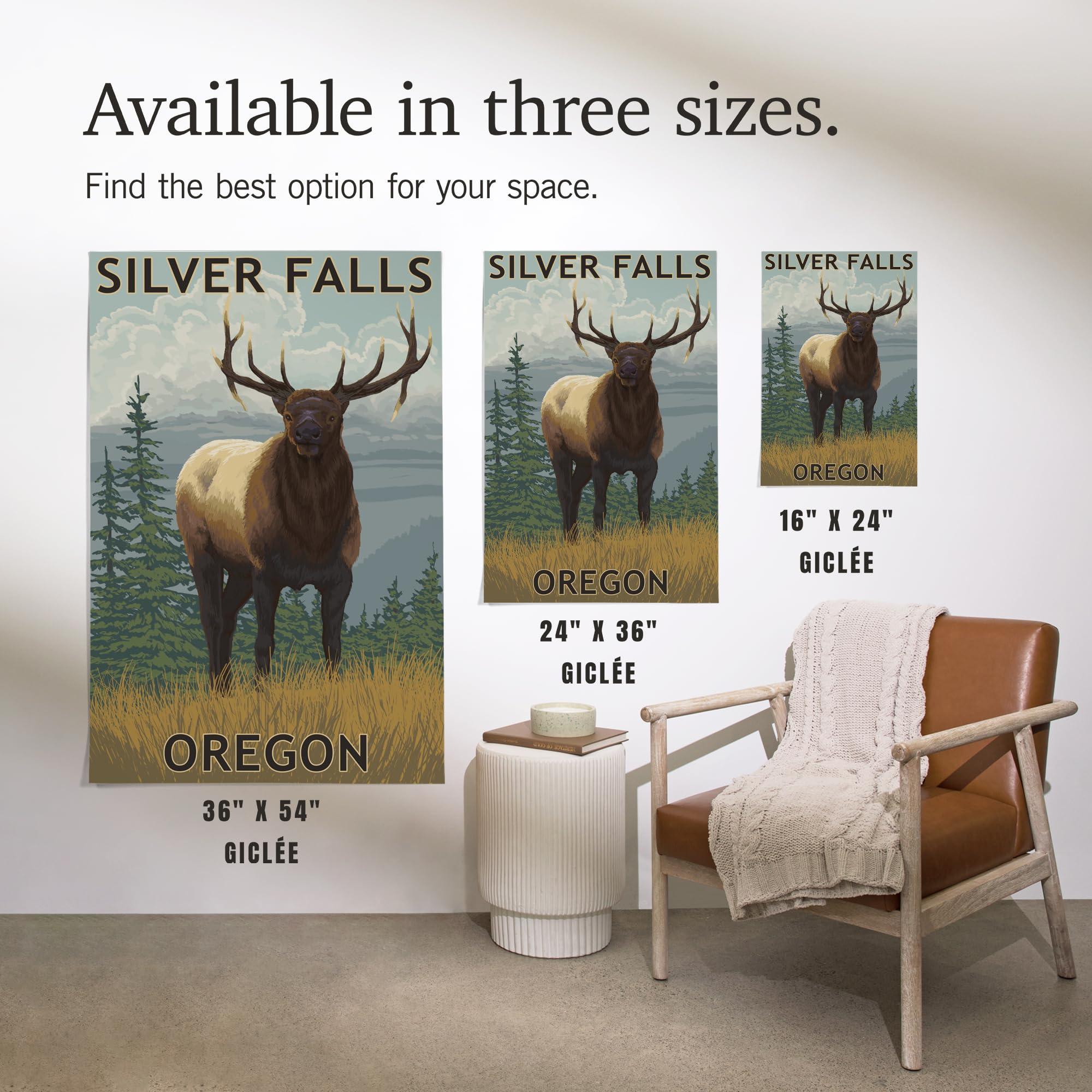 Lantern Press 16x24 Inch Giclee Art Print - Silver Falls State Park Oregon Landscape with Elk - Wall Decor for Living Room, Bedroom & Office