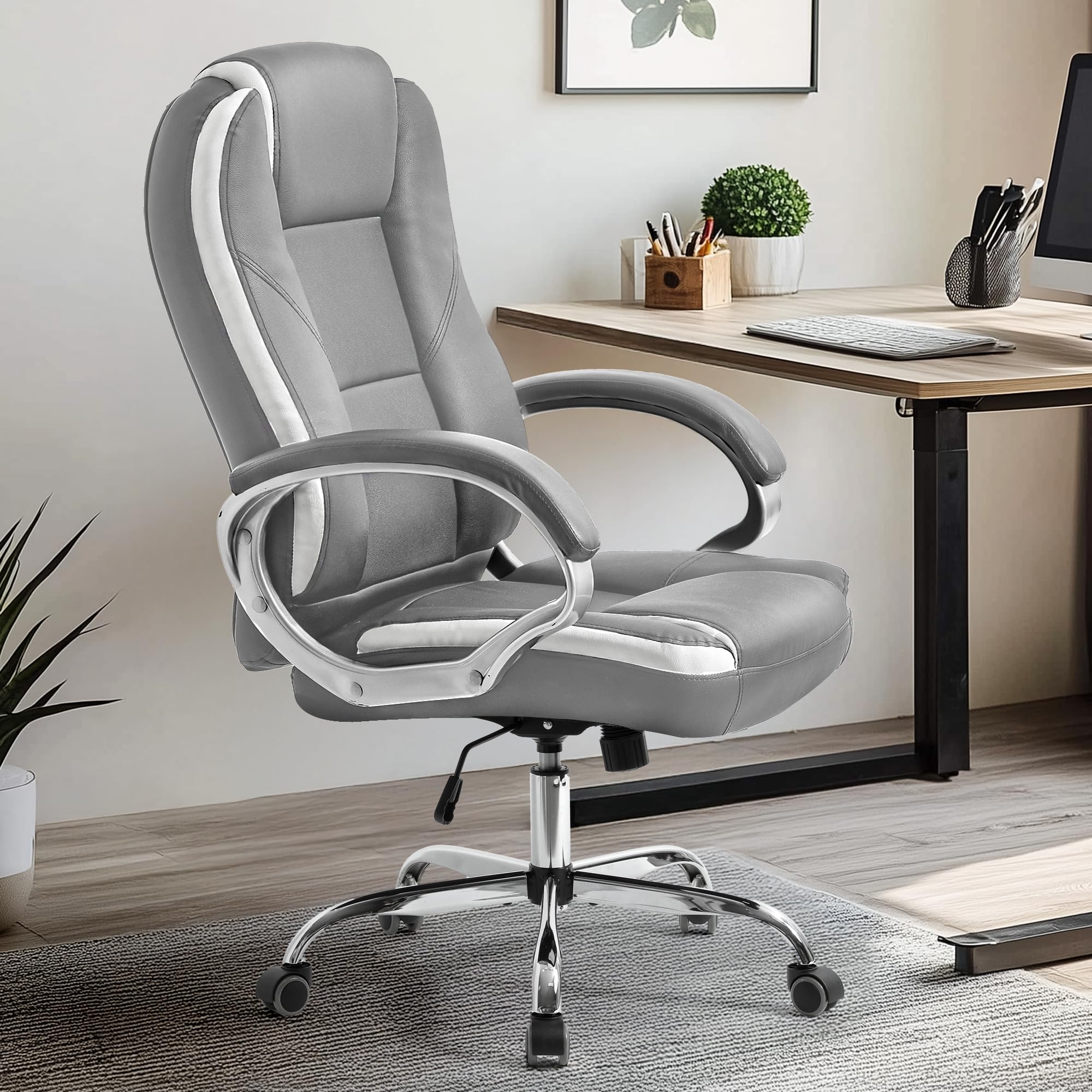Ergonomic Office Chair with High Back & Lumbar Support - Adjustable Swivel Computer Desk Chair for Gaming, Home & Executive Use - Grey Leather Racing Seat with Wheels for Comfort & Style (Perfect for Long Work Hours, Gaming Sessions & Home Office Setup)