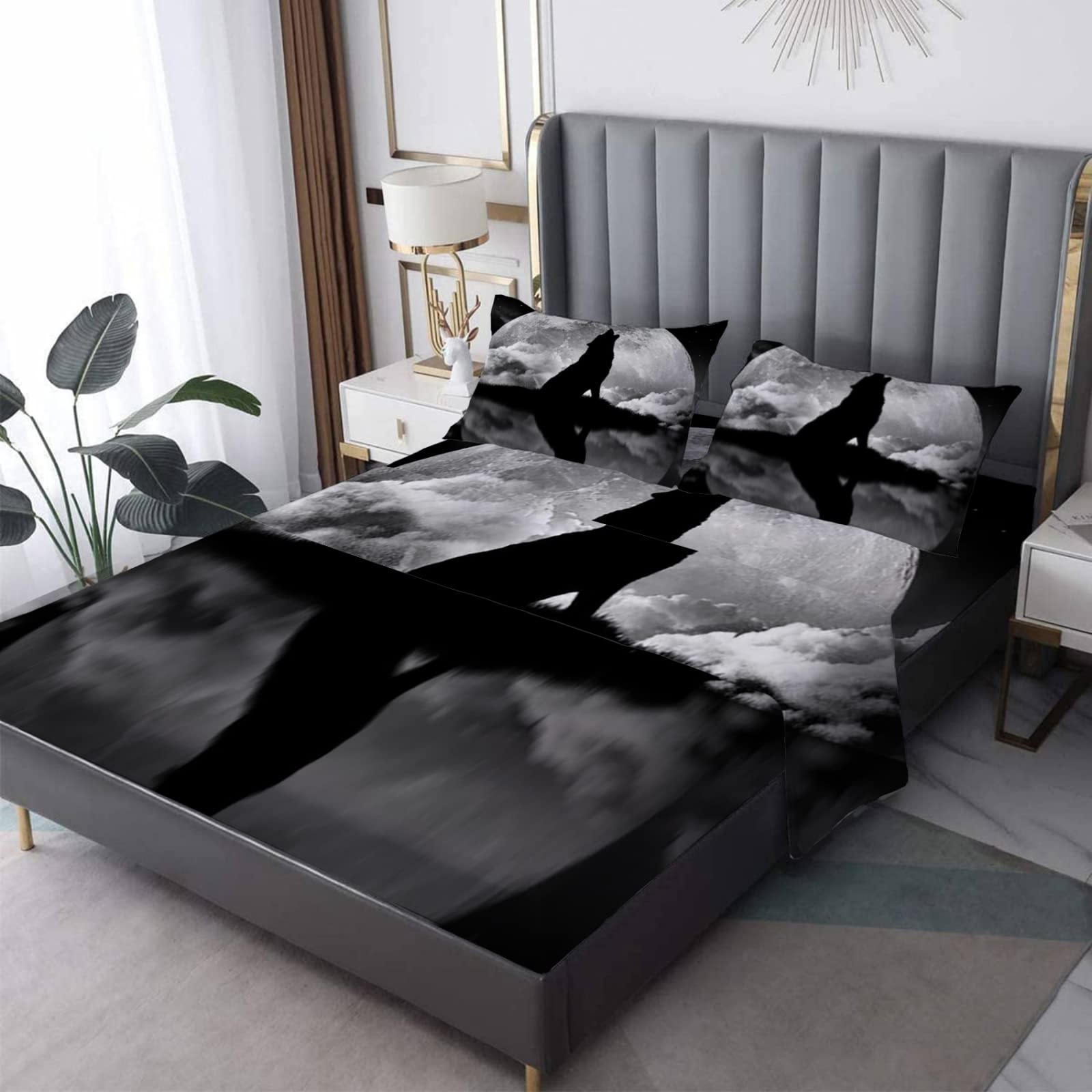 Wolf 4-Piece Bed Sheet Set - Moon Grey, Soft & Breathable for Deep Pocket Mattresses - Perfect for Cozy Bedrooms
