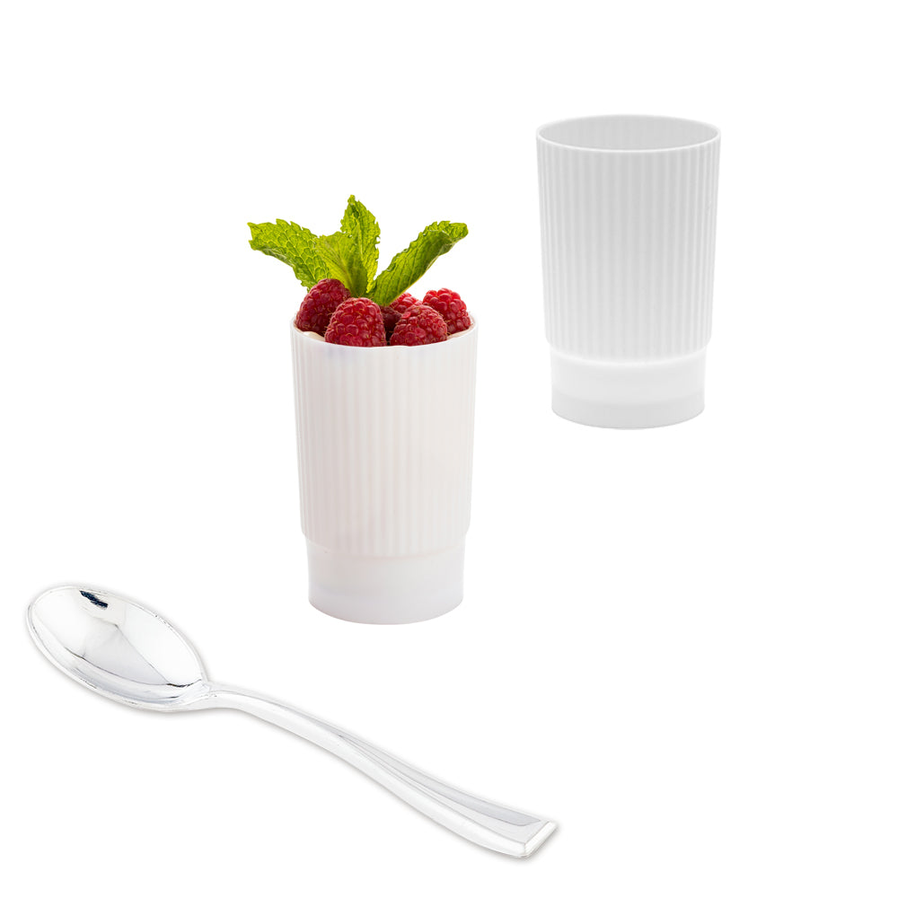100-Pack 4 oz White Plastic Parfait Cups with 100 Silver Mini Spoons - Perfect for Desserts, Ice Cream, Yogurt & Party Serving (BPA-Free)