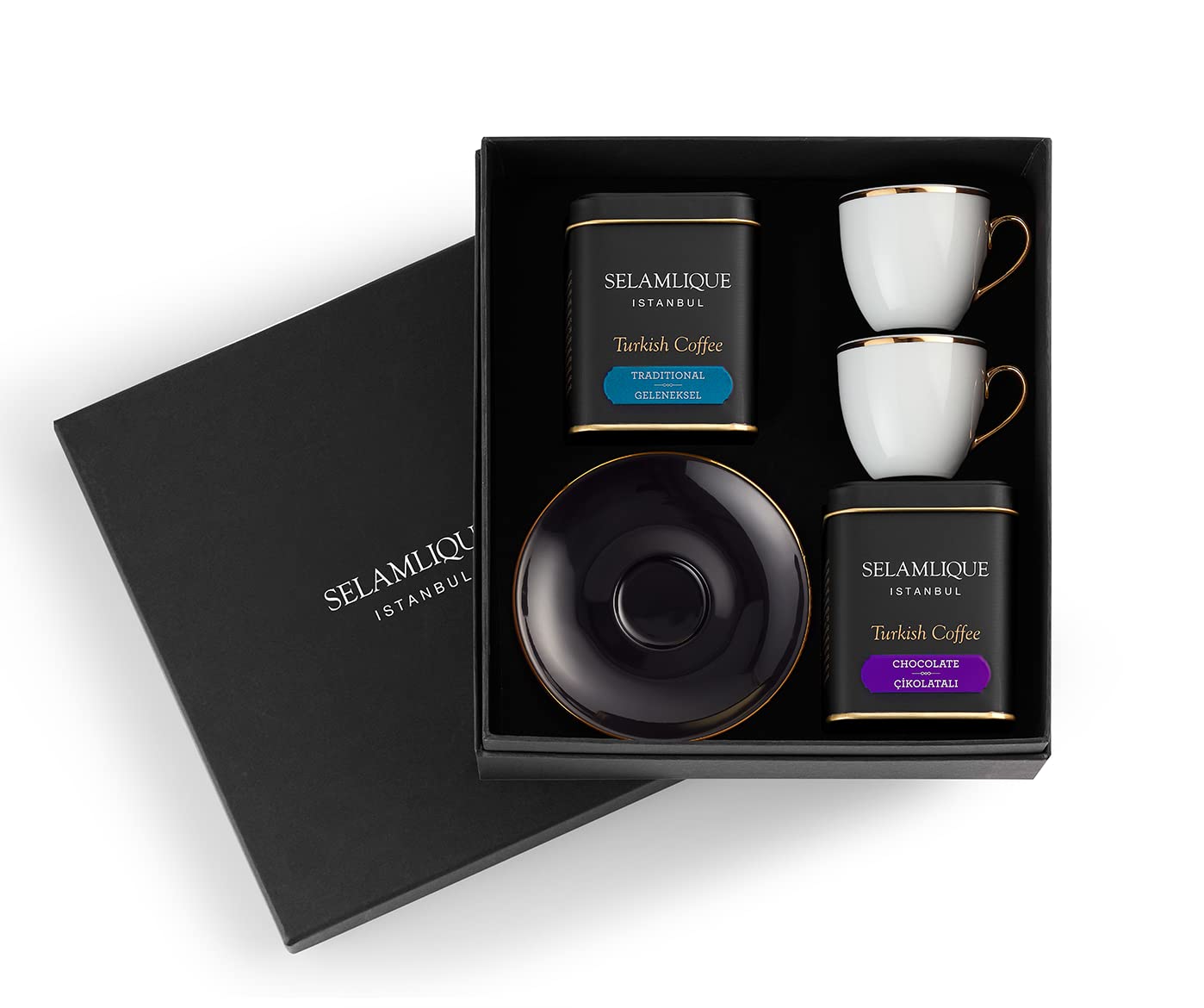 Premium Selamlique Turkish Coffee Istanbul Gift Set - 2.7 oz Espresso Cups with Saucers & Authentic Turkish Coffee in Elegant Black Box - Perfect for Home Brewing, Gifts & Traditional Coffee Ceremonies