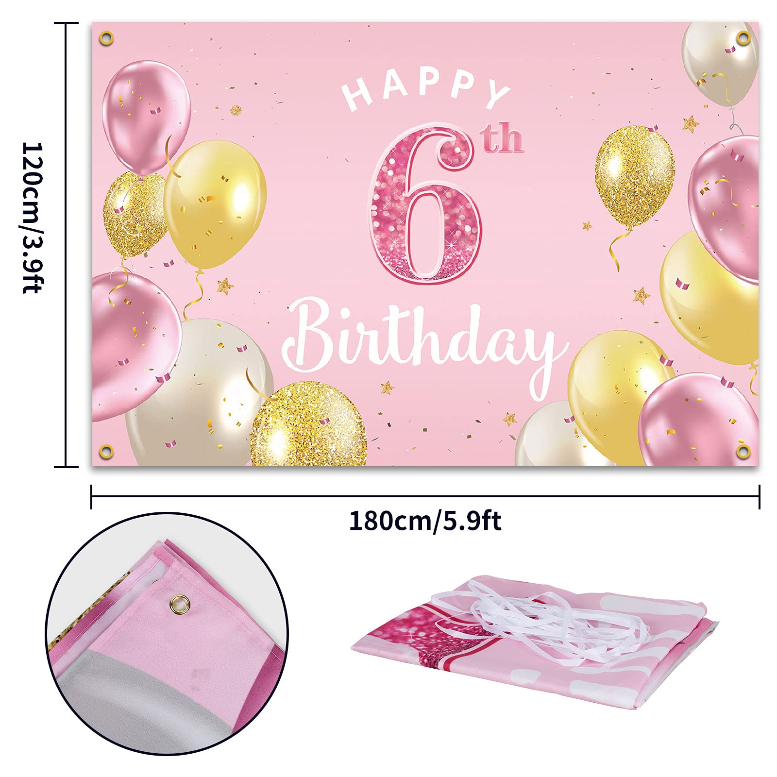 6th Birthday Backdrop Banner - Pink 3.9x5.9ft Party Decorations for Girls - Perfect for Birthday Celebrations, Photo Booths & Party Decor