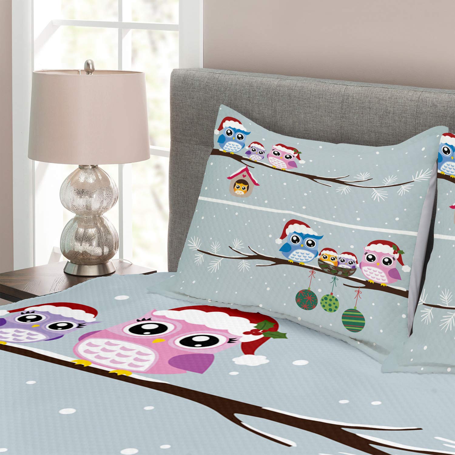 Ambesonne Christmas Bedspread Set - Owl Family with Santa Hats on Snowy Tree Branch Print, 3-Piece King Size Bedding (Coverlet + 2 Pillow Shams) in Grey | Cozy Winter Home Decor for Holiday Season